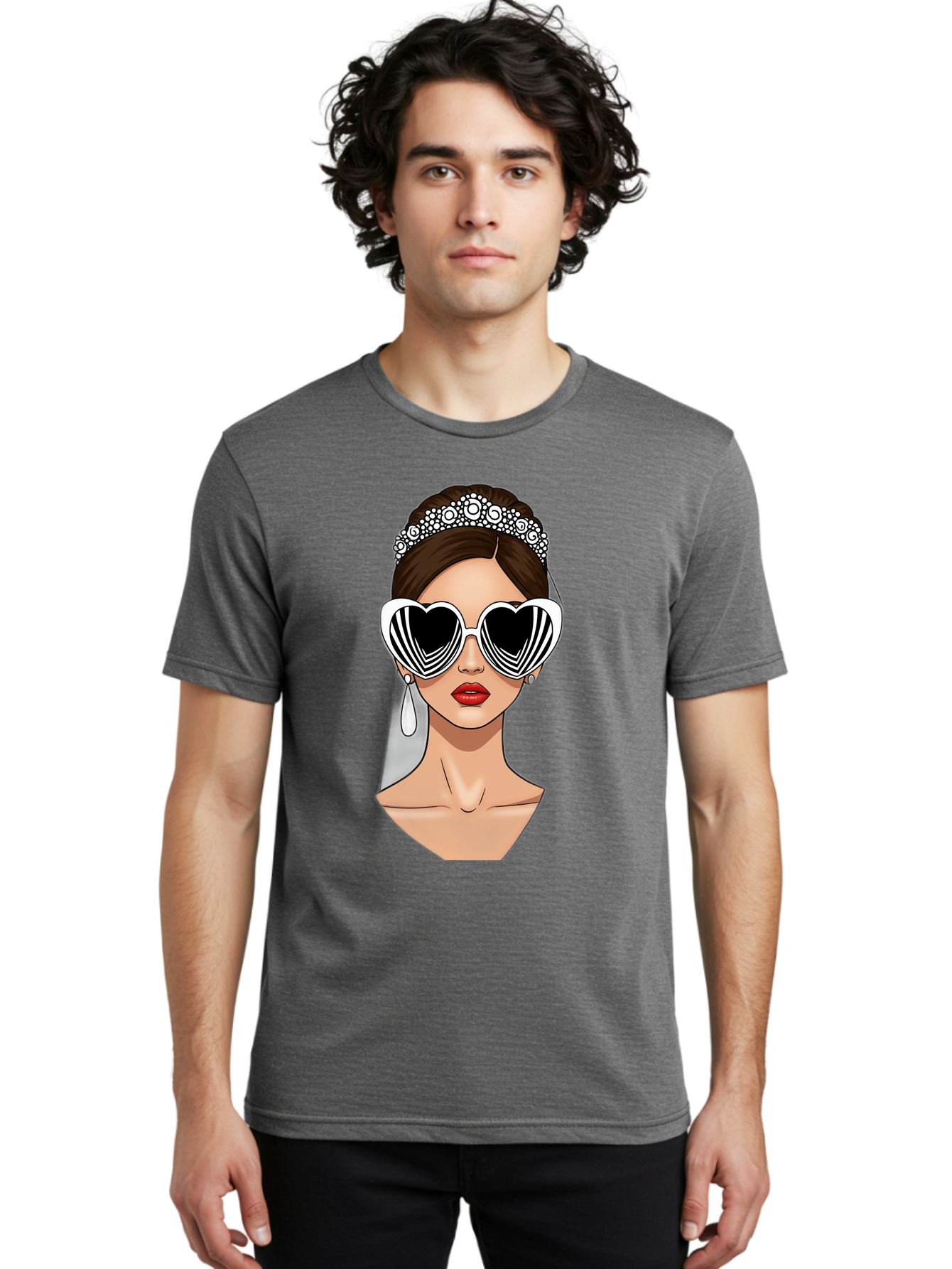 Bride-Fashion-1 Men'S Graphic Tee, 100% Cotton, Comfortable Casual Summer Wear, Machine Washable, Illustration Of Bride, Heart-Shaped Sunglasses, Red Lips, Fashionable Accessories, Wedding Accessories, Wedding Jewelry, Glamorous Style, Baa222