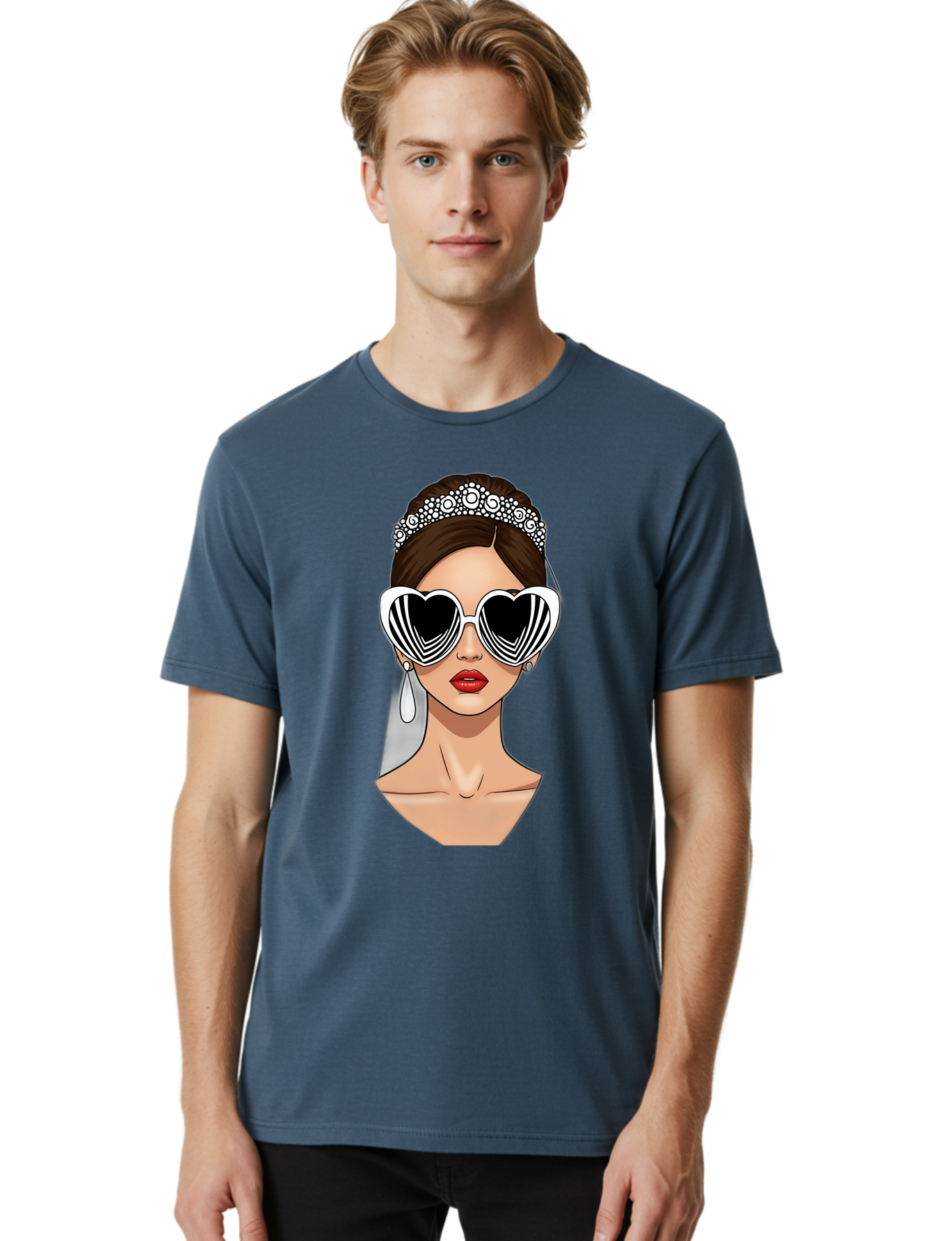 Bride-Fashion-1 Men'S Graphic Tee, 100% Cotton, Comfortable Casual Summer Wear, Machine Washable, Illustration Of Bride, Heart-Shaped Sunglasses, Red Lips, Fashionable Accessories, Wedding Accessories, Wedding Jewelry, Glamorous Style, Baa222