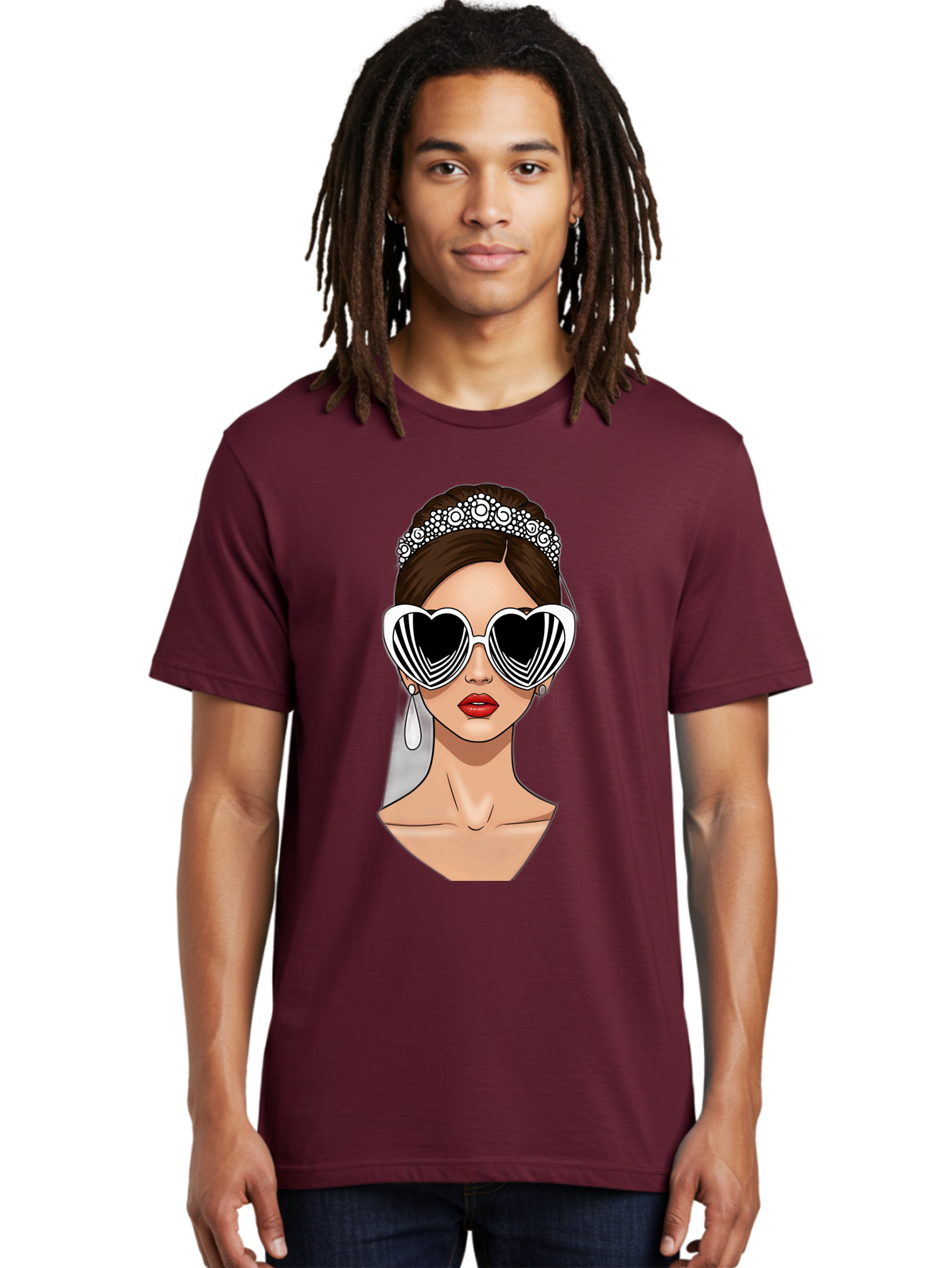 Bride-Fashion-1 Men'S Graphic Tee, 100% Cotton, Comfortable Casual Summer Wear, Machine Washable, Illustration Of Bride, Heart-Shaped Sunglasses, Red Lips, Fashionable Accessories, Wedding Accessories, Wedding Jewelry, Glamorous Style, Baa222