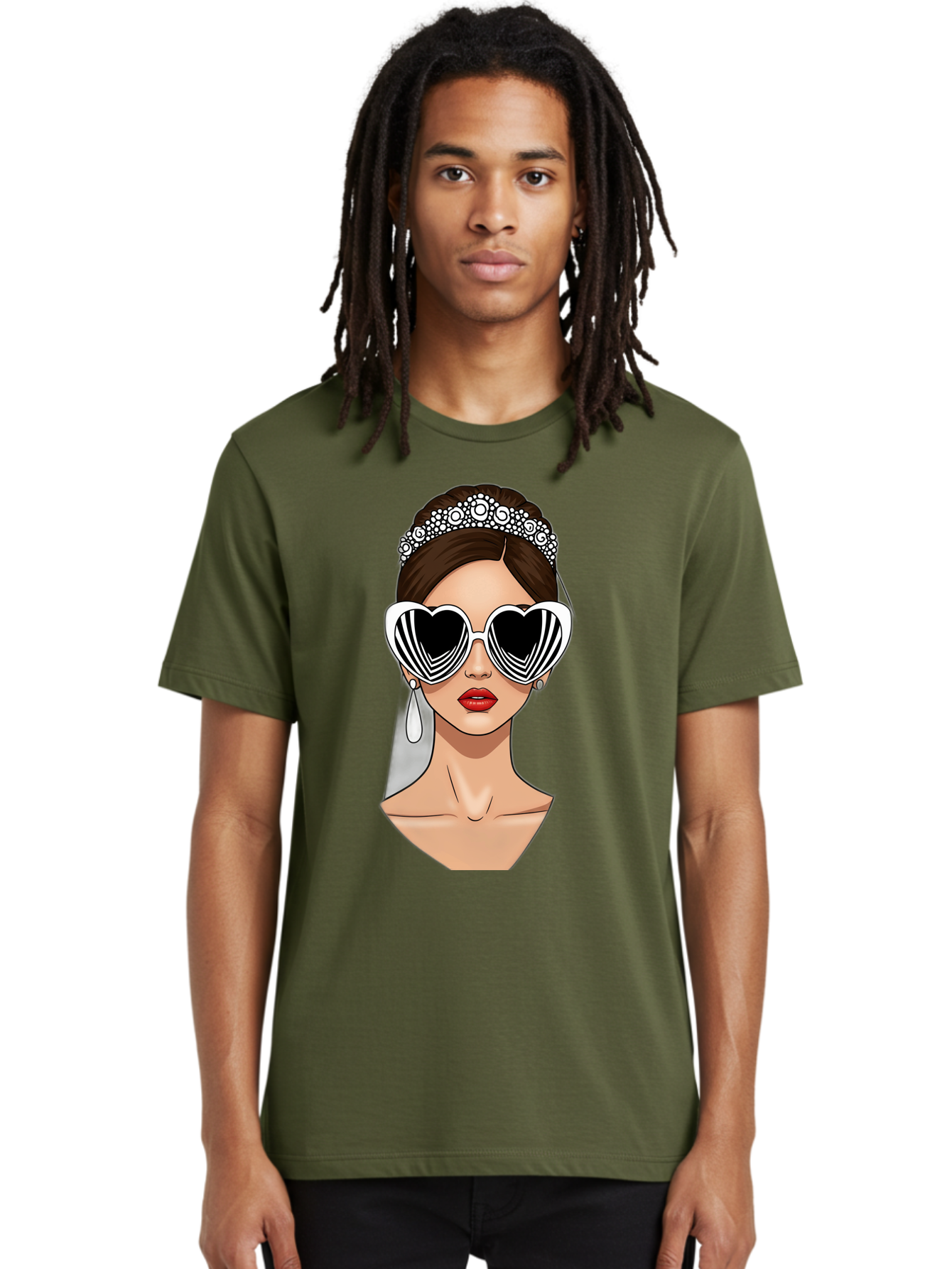 Bride-Fashion-1 Men'S Graphic Tee, 100% Cotton, Comfortable Casual Summer Wear, Machine Washable, Illustration Of Bride, Heart-Shaped Sunglasses, Red Lips, Fashionable Accessories, Wedding Accessories, Wedding Jewelry, Glamorous Style, Baa222