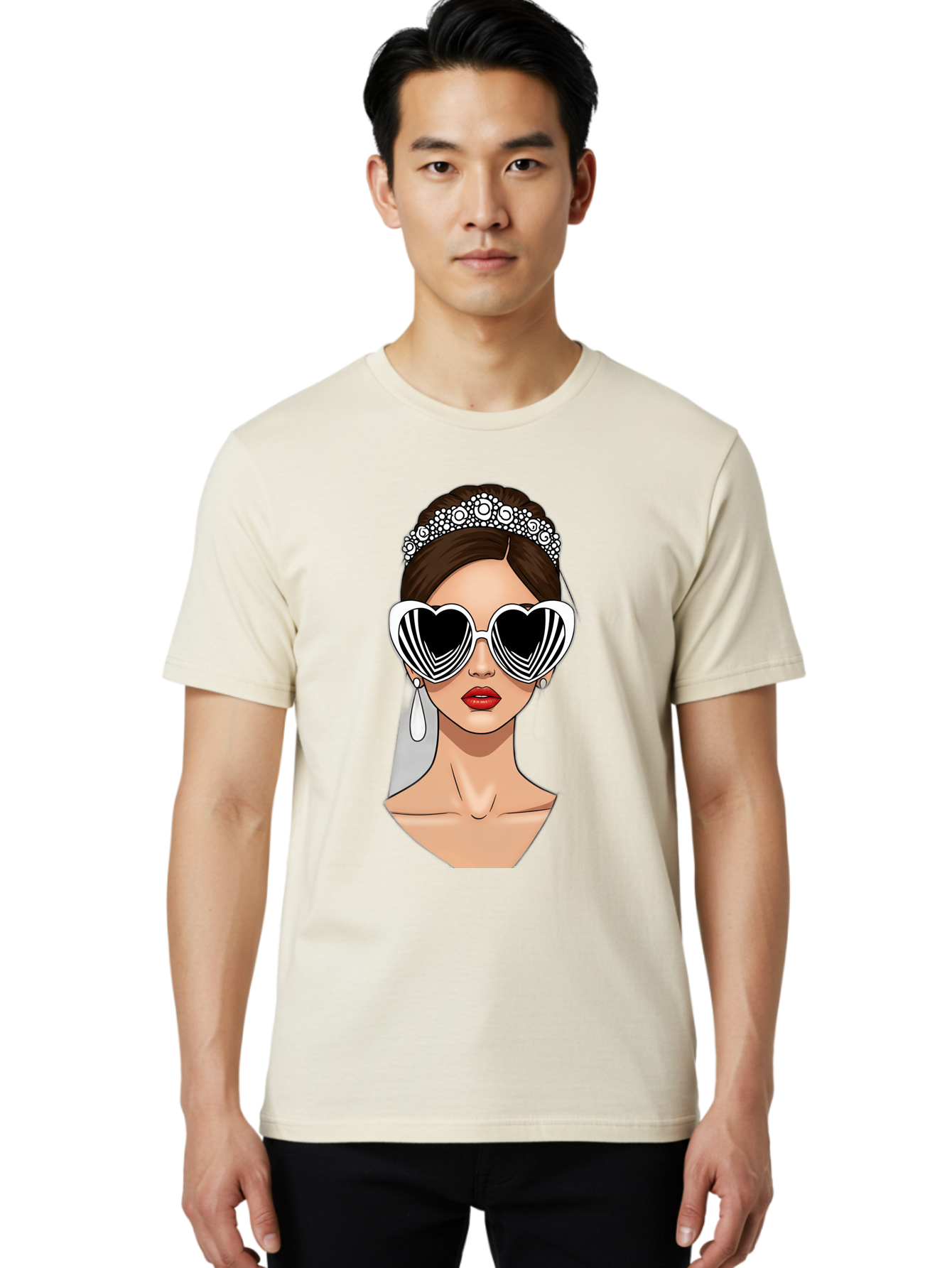 Bride-Fashion-1 Men'S Graphic Tee, 100% Cotton, Comfortable Casual Summer Wear, Machine Washable, Illustration Of Bride, Heart-Shaped Sunglasses, Red Lips, Fashionable Accessories, Wedding Accessories, Wedding Jewelry, Glamorous Style, Baa222
