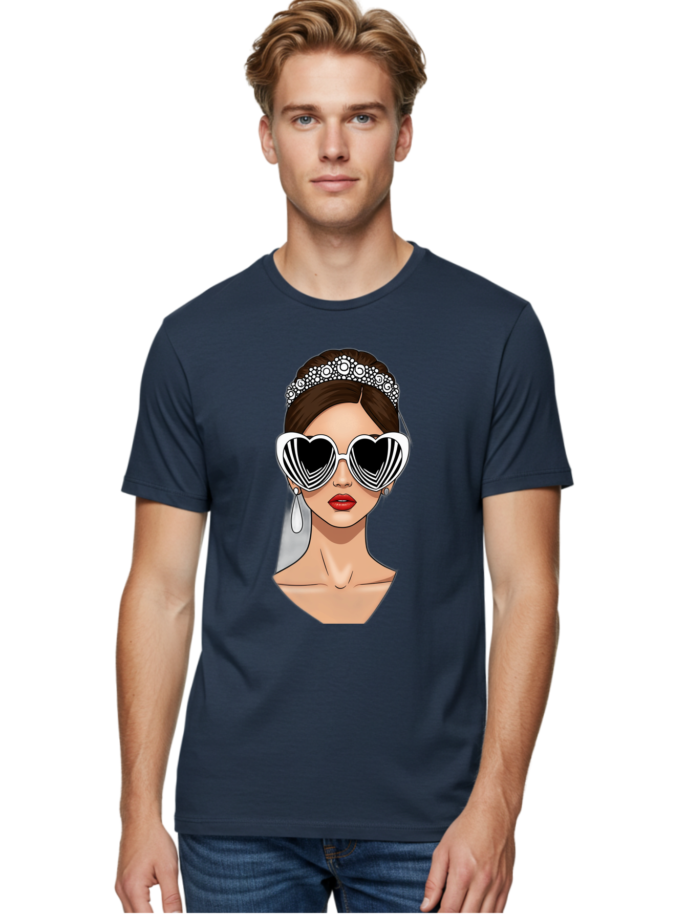 Bride-Fashion-1 Men'S Graphic Tee, 100% Cotton, Comfortable Casual Summer Wear, Machine Washable, Illustration Of Bride, Heart-Shaped Sunglasses, Red Lips, Fashionable Accessories, Wedding Accessories, Wedding Jewelry, Glamorous Style, Baa222