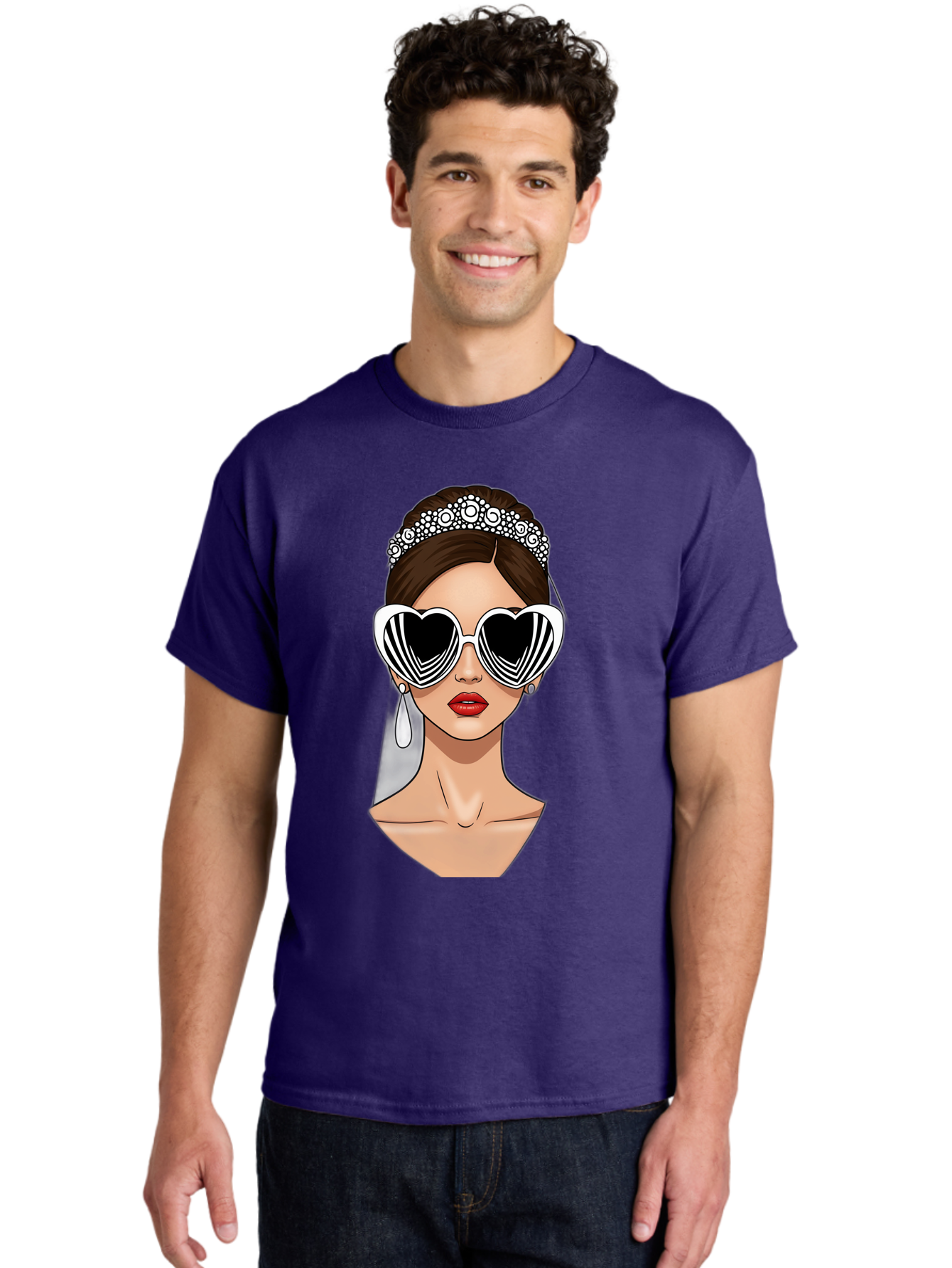 Bride-Fashion-1 Men'S Graphic Tee, 100% Cotton, Comfortable Casual Summer Wear, Machine Washable, Illustration Of Bride, Heart-Shaped Sunglasses, Red Lips, Fashionable Accessories, Wedding Accessories, Wedding Jewelry, Glamorous Style, Baa222