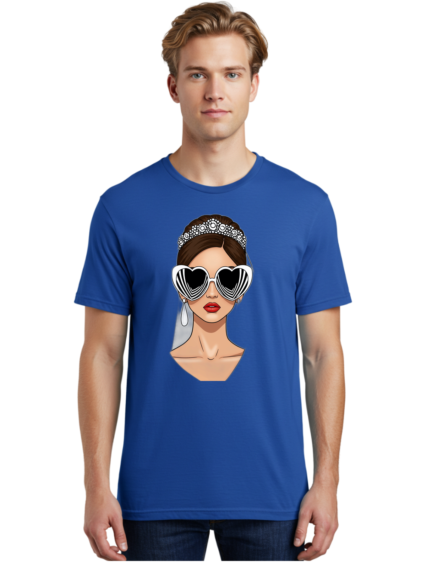 Bride-Fashion-1 Men'S Graphic Tee, 100% Cotton, Comfortable Casual Summer Wear, Machine Washable, Illustration Of Bride, Heart-Shaped Sunglasses, Red Lips, Fashionable Accessories, Wedding Accessories, Wedding Jewelry, Glamorous Style, Baa222