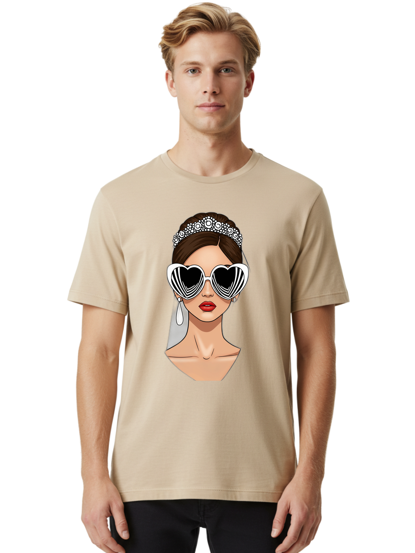 Bride-Fashion-1 Men'S Graphic Tee, 100% Cotton, Comfortable Casual Summer Wear, Machine Washable, Illustration Of Bride, Heart-Shaped Sunglasses, Red Lips, Fashionable Accessories, Wedding Accessories, Wedding Jewelry, Glamorous Style, Baa222