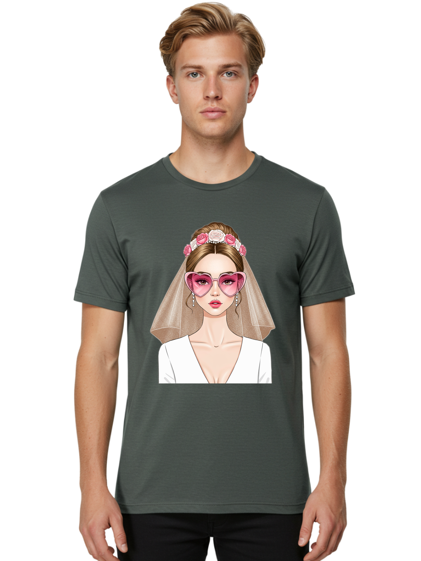 Bride-Fashion Men'S Graphic Tee, 100% Cotton, Comfortable Casual Summer Wear, Machine Washable, Bride With Veil, Heart-Shaped Sunglasses, Floral Hairpiece, White Wedding Dress, Stylish Accessories, Fashionable Wedding Attire, Chic Bridal Look, Baa223