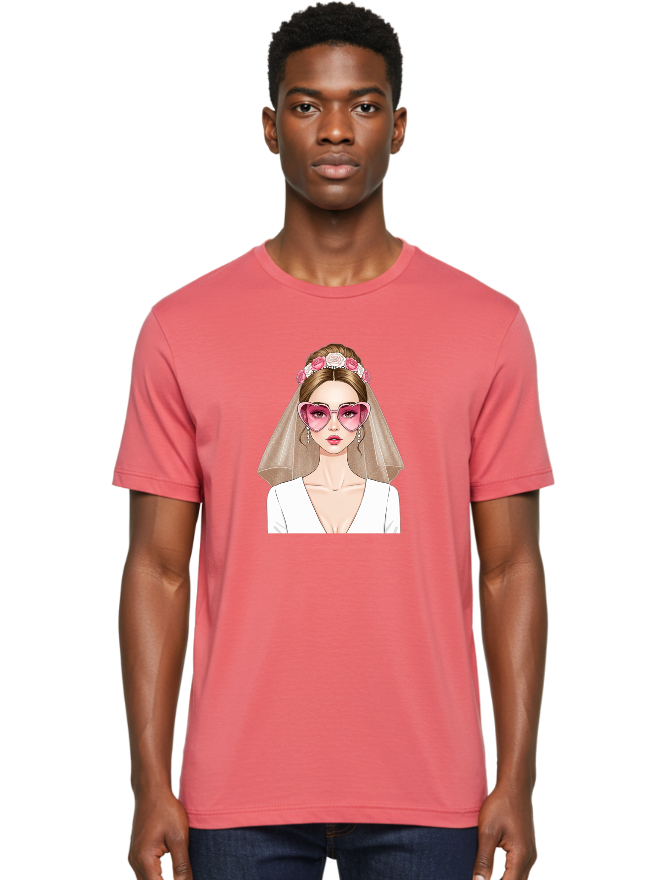 Bride-Fashion Men'S Graphic Tee, 100% Cotton, Comfortable Casual Summer Wear, Machine Washable, Bride With Veil, Heart-Shaped Sunglasses, Floral Hairpiece, White Wedding Dress, Stylish Accessories, Fashionable Wedding Attire, Chic Bridal Look, Baa223