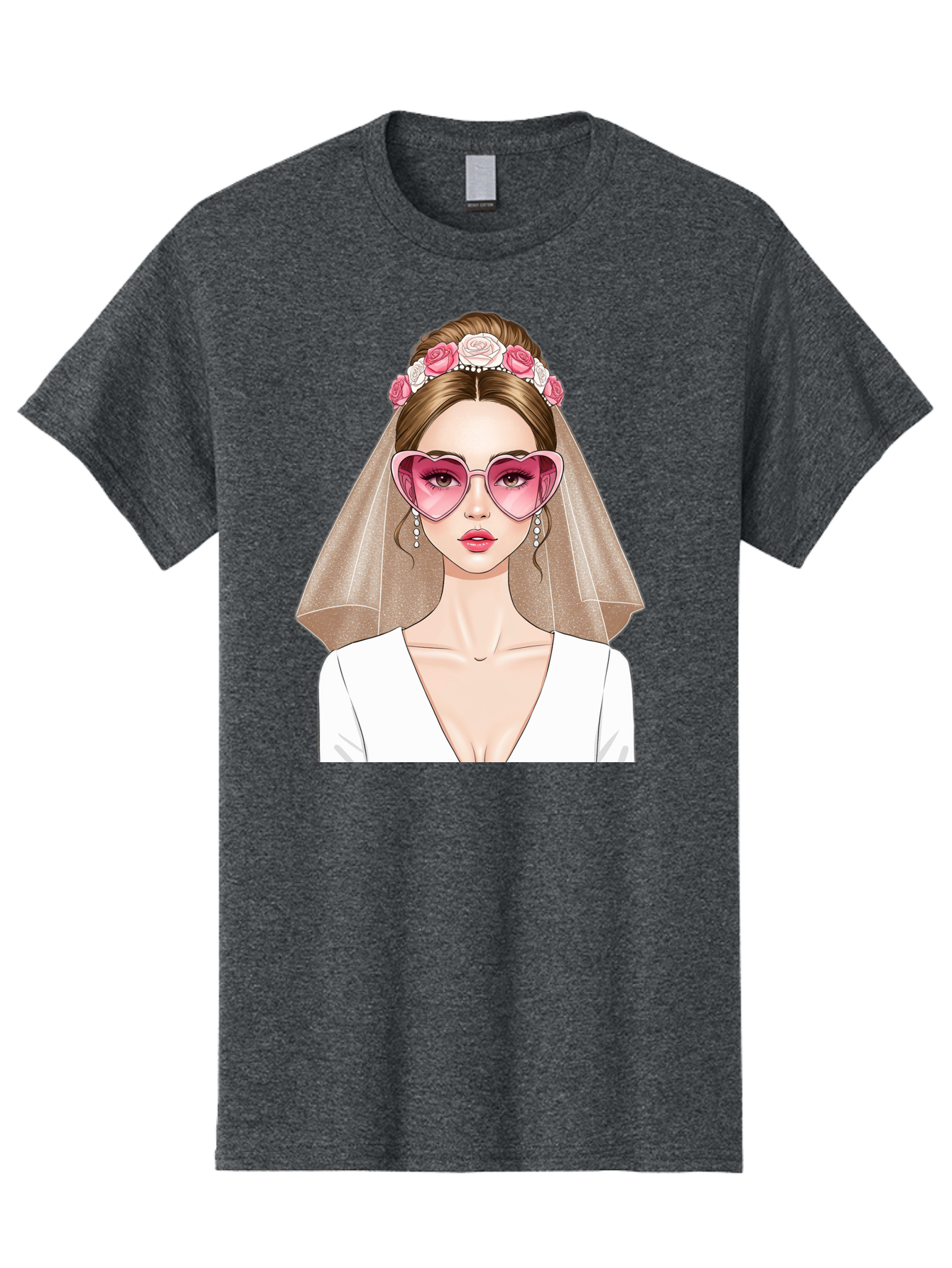 Bride-Fashion Men'S Graphic Tee, 100% Cotton, Comfortable Casual Summer Wear, Machine Washable, Bride With Veil, Heart-Shaped Sunglasses, Floral Hairpiece, White Wedding Dress, Stylish Accessories, Fashionable Wedding Attire, Chic Bridal Look, Baa223