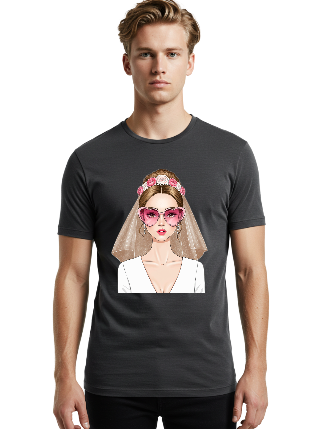 Bride-Fashion Men'S Graphic Tee, 100% Cotton, Comfortable Casual Summer Wear, Machine Washable, Bride With Veil, Heart-Shaped Sunglasses, Floral Hairpiece, White Wedding Dress, Stylish Accessories, Fashionable Wedding Attire, Chic Bridal Look, Baa223