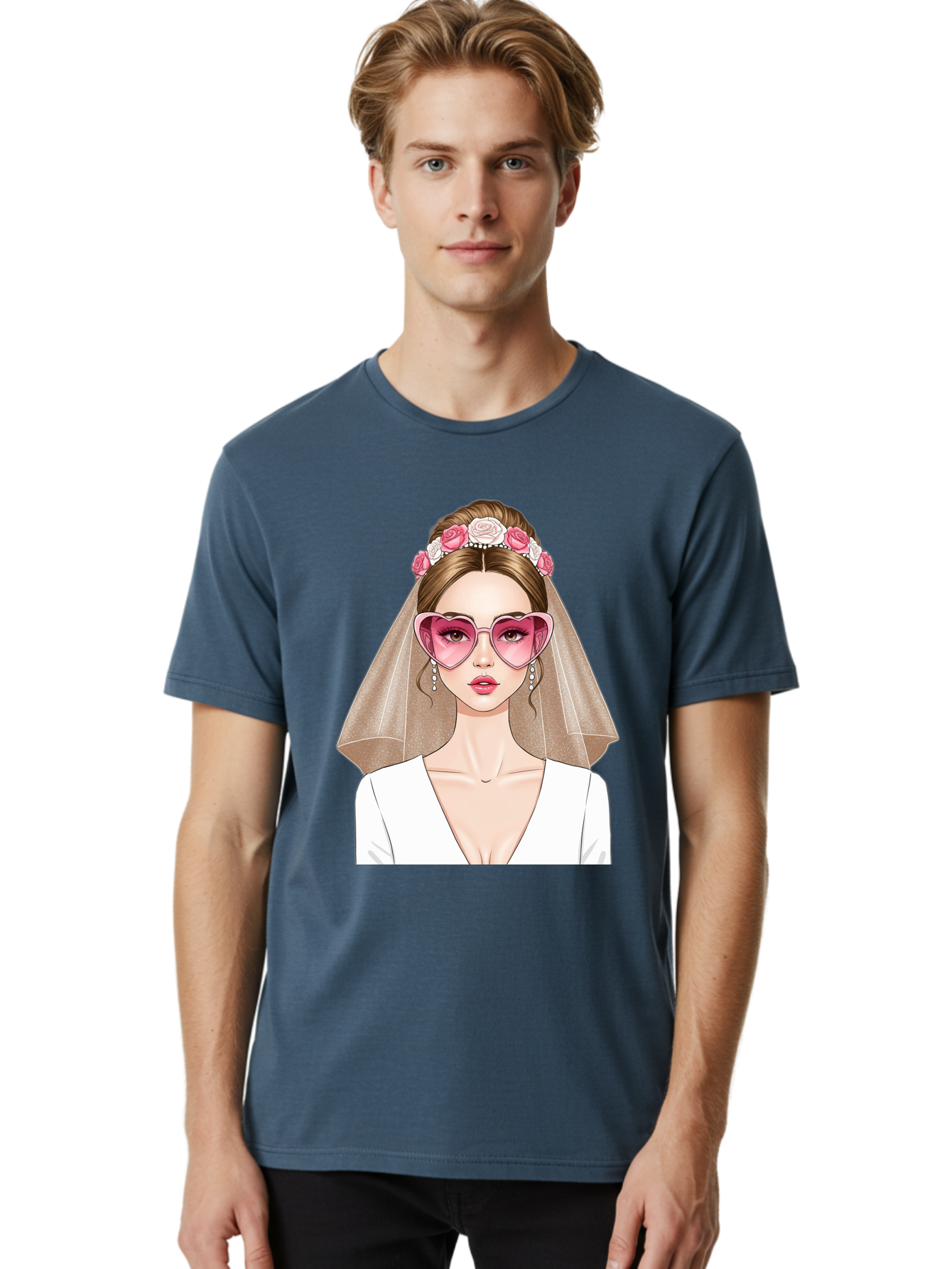 Bride-Fashion Men'S Graphic Tee, 100% Cotton, Comfortable Casual Summer Wear, Machine Washable, Bride With Veil, Heart-Shaped Sunglasses, Floral Hairpiece, White Wedding Dress, Stylish Accessories, Fashionable Wedding Attire, Chic Bridal Look, Baa223