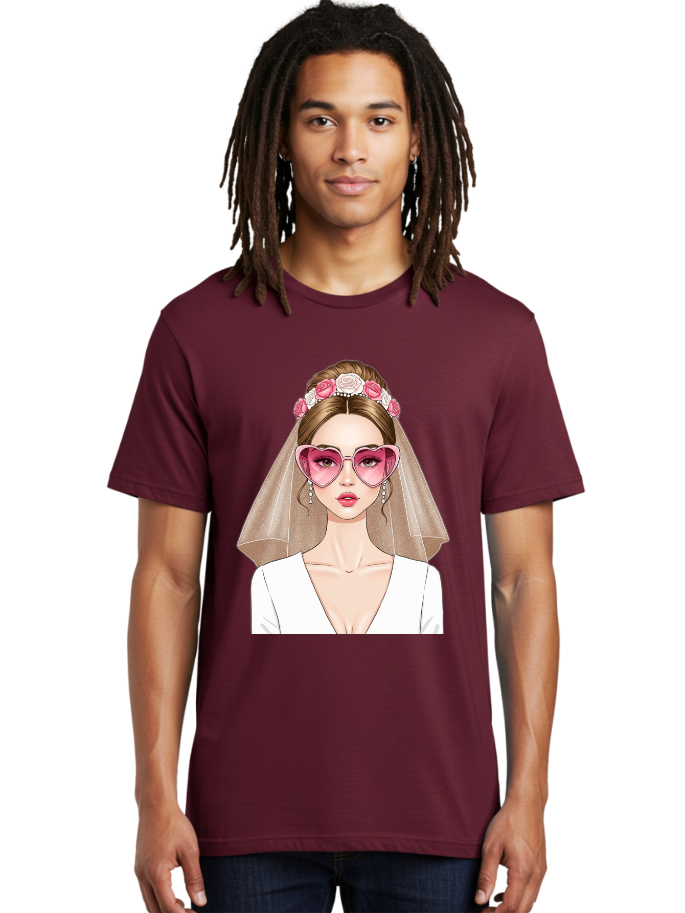Bride-Fashion Men'S Graphic Tee, 100% Cotton, Comfortable Casual Summer Wear, Machine Washable, Bride With Veil, Heart-Shaped Sunglasses, Floral Hairpiece, White Wedding Dress, Stylish Accessories, Fashionable Wedding Attire, Chic Bridal Look, Baa223