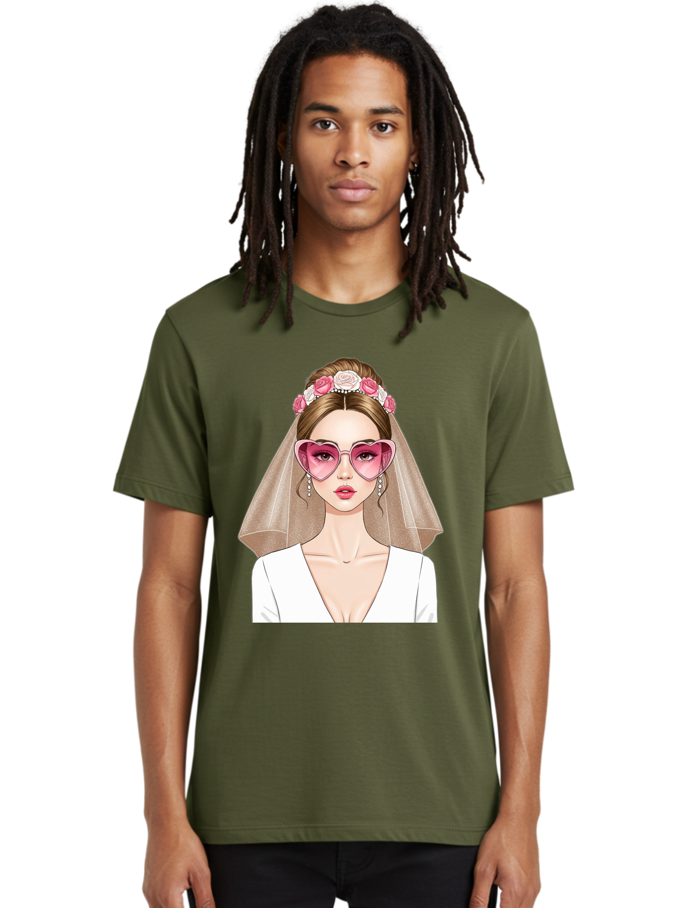 Bride-Fashion Men'S Graphic Tee, 100% Cotton, Comfortable Casual Summer Wear, Machine Washable, Bride With Veil, Heart-Shaped Sunglasses, Floral Hairpiece, White Wedding Dress, Stylish Accessories, Fashionable Wedding Attire, Chic Bridal Look, Baa223