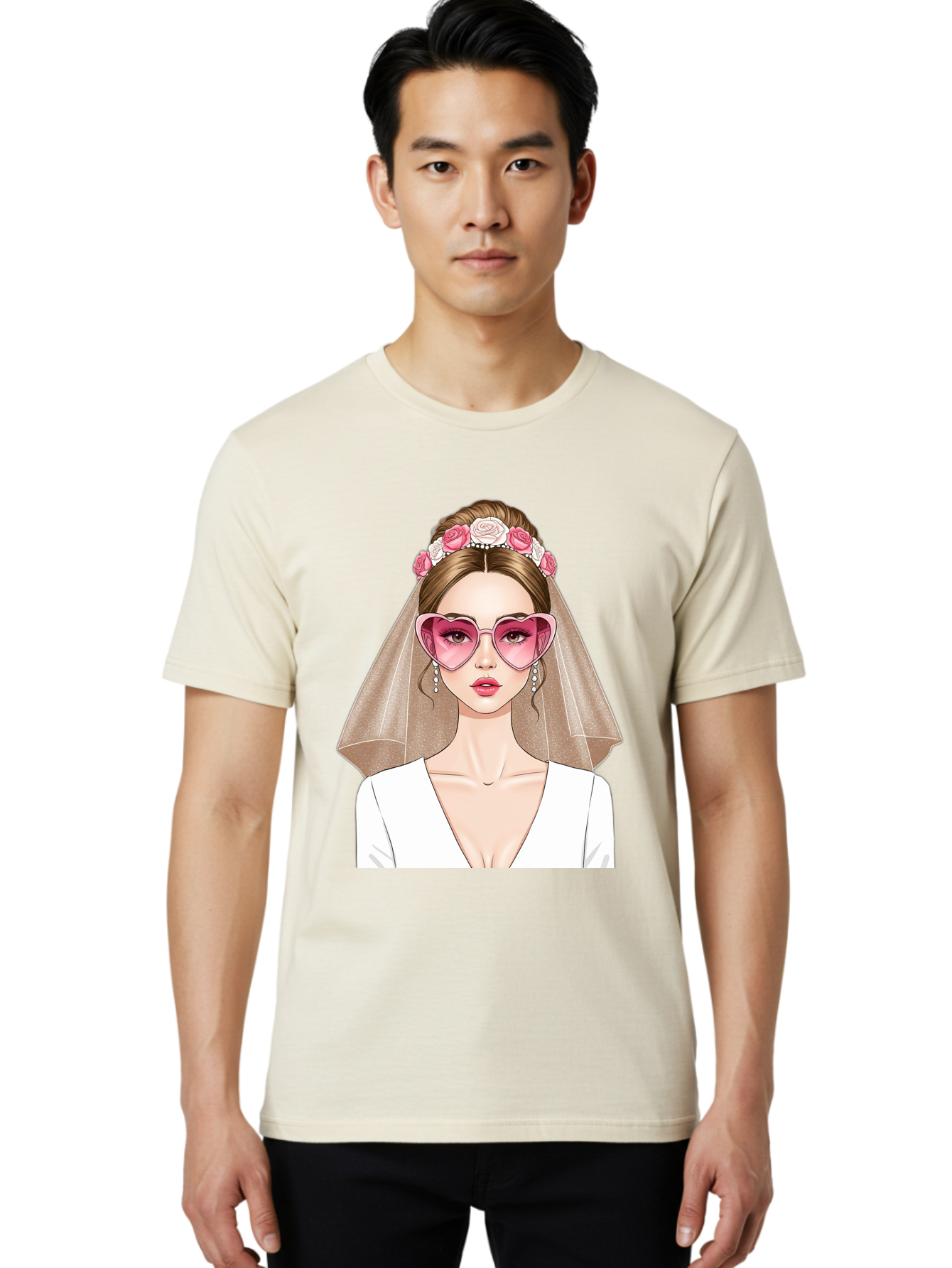 Bride-Fashion Men'S Graphic Tee, 100% Cotton, Comfortable Casual Summer Wear, Machine Washable, Bride With Veil, Heart-Shaped Sunglasses, Floral Hairpiece, White Wedding Dress, Stylish Accessories, Fashionable Wedding Attire, Chic Bridal Look, Baa223
