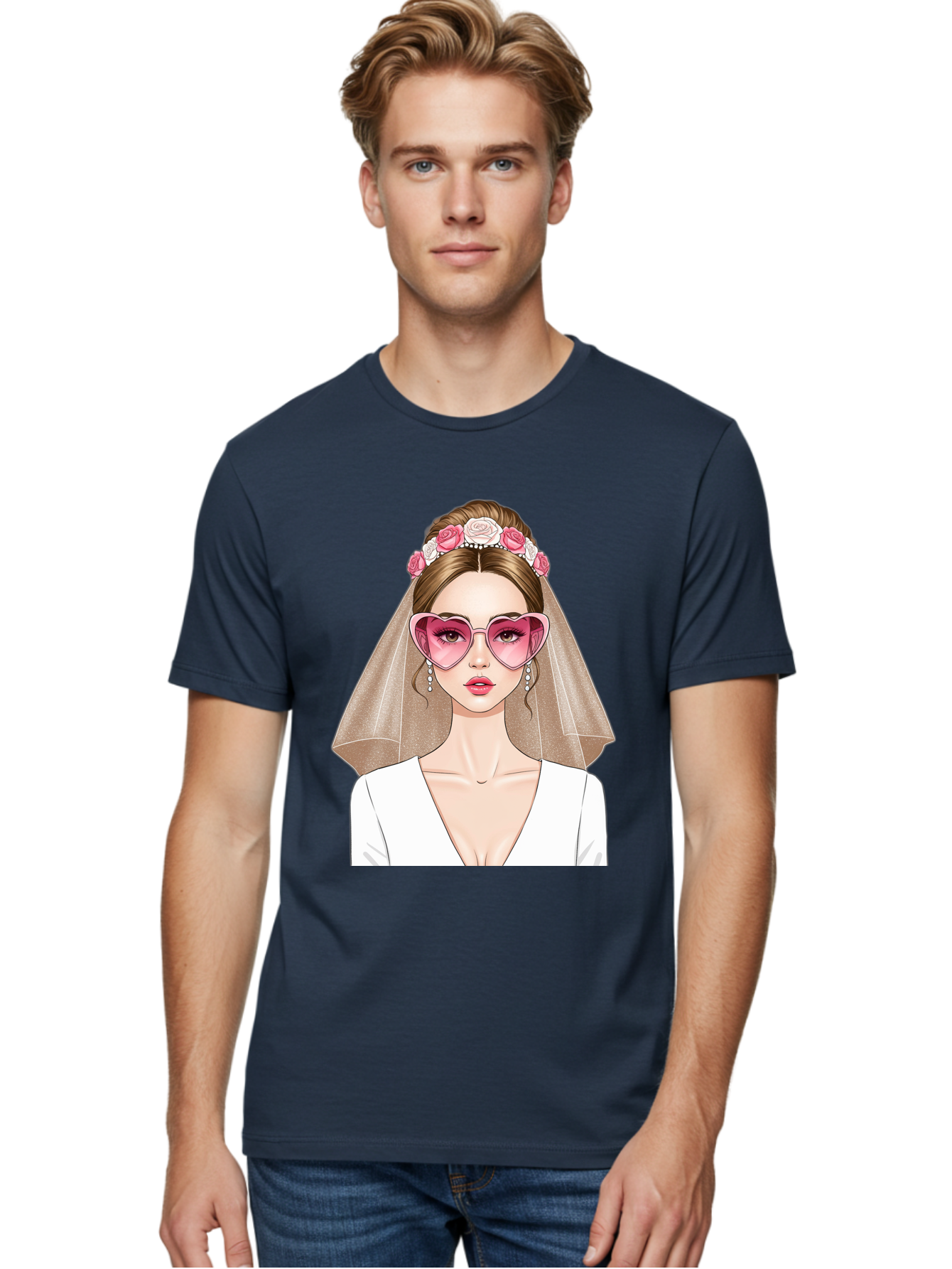 Bride-Fashion Men'S Graphic Tee, 100% Cotton, Comfortable Casual Summer Wear, Machine Washable, Bride With Veil, Heart-Shaped Sunglasses, Floral Hairpiece, White Wedding Dress, Stylish Accessories, Fashionable Wedding Attire, Chic Bridal Look, Baa223