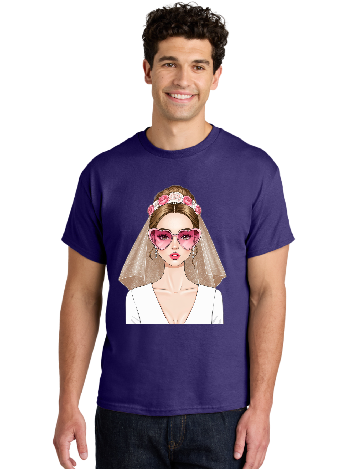 Bride-Fashion Men'S Graphic Tee, 100% Cotton, Comfortable Casual Summer Wear, Machine Washable, Bride With Veil, Heart-Shaped Sunglasses, Floral Hairpiece, White Wedding Dress, Stylish Accessories, Fashionable Wedding Attire, Chic Bridal Look, Baa223
