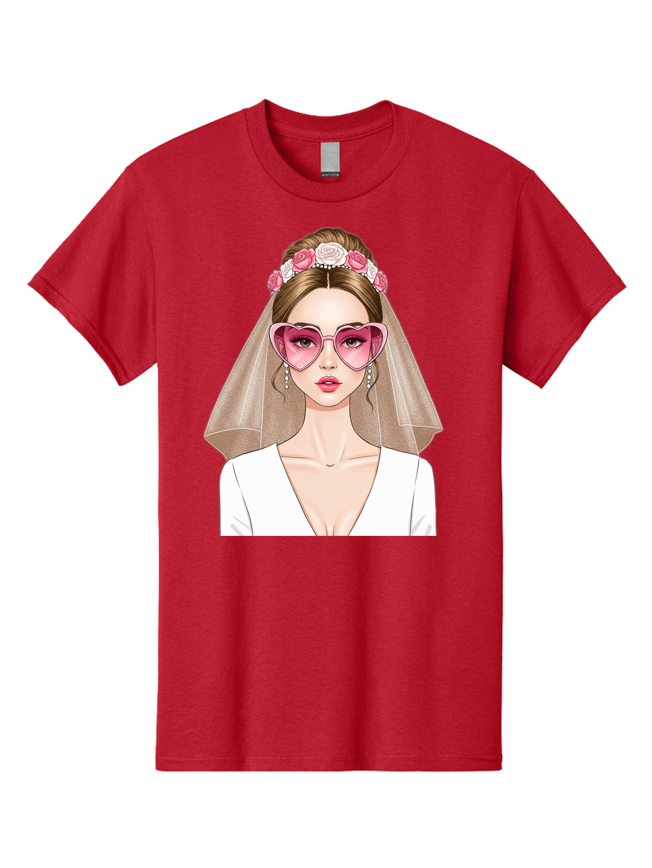 Bride-Fashion Men'S Graphic Tee, 100% Cotton, Comfortable Casual Summer Wear, Machine Washable, Bride With Veil, Heart-Shaped Sunglasses, Floral Hairpiece, White Wedding Dress, Stylish Accessories, Fashionable Wedding Attire, Chic Bridal Look, Baa223