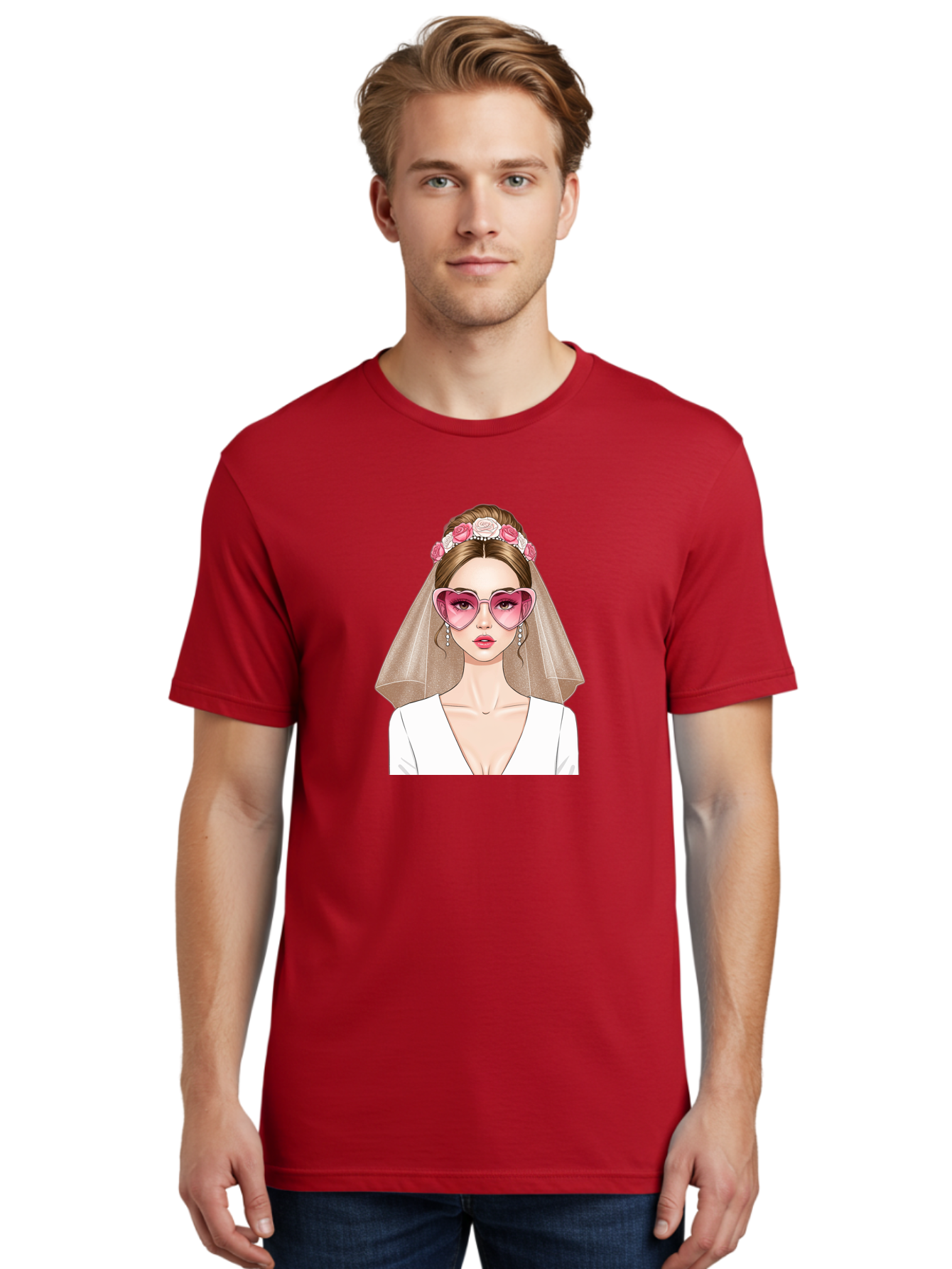 Bride-Fashion Men'S Graphic Tee, 100% Cotton, Comfortable Casual Summer Wear, Machine Washable, Bride With Veil, Heart-Shaped Sunglasses, Floral Hairpiece, White Wedding Dress, Stylish Accessories, Fashionable Wedding Attire, Chic Bridal Look, Baa223