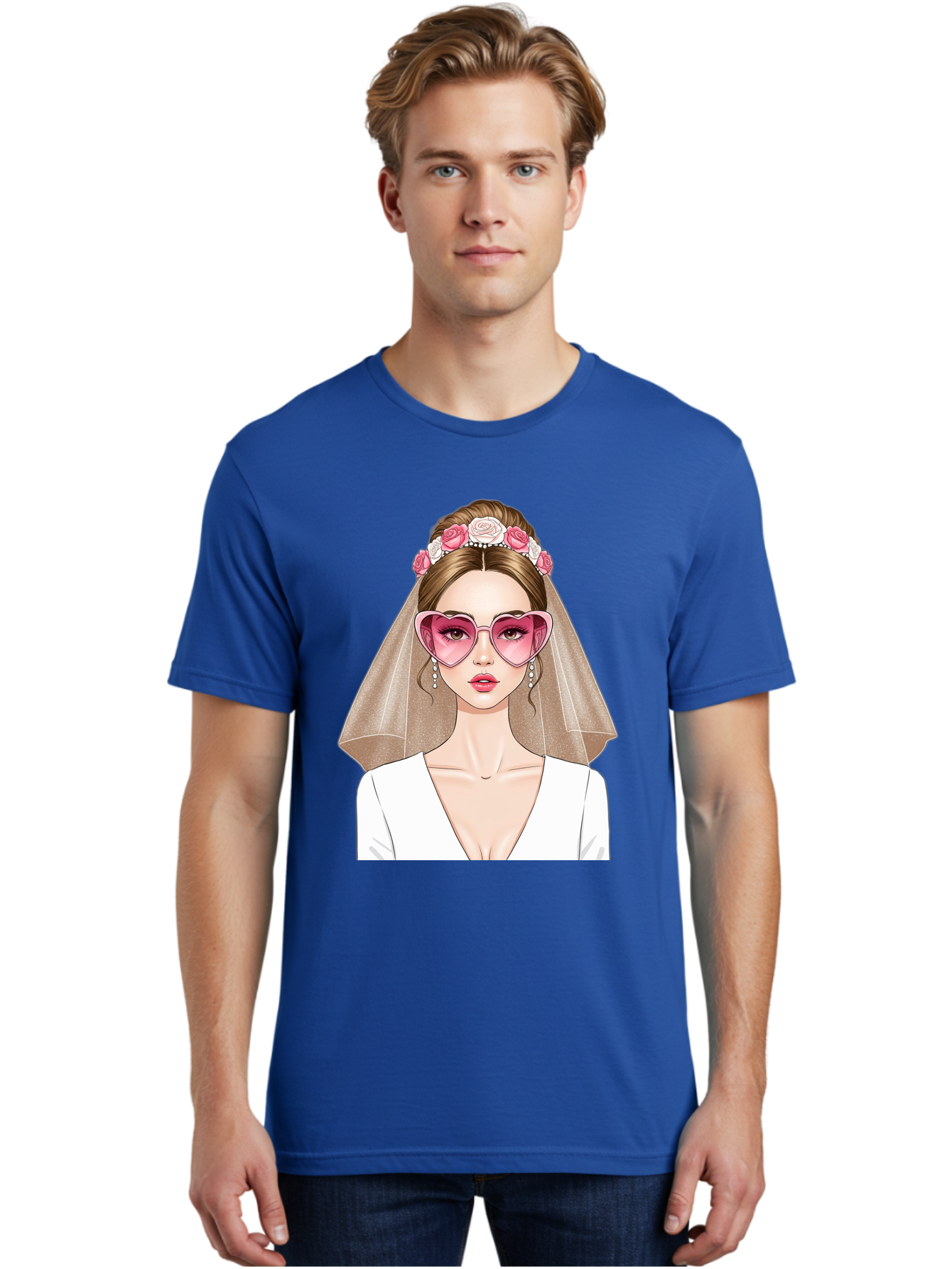 Bride-Fashion Men'S Graphic Tee, 100% Cotton, Comfortable Casual Summer Wear, Machine Washable, Bride With Veil, Heart-Shaped Sunglasses, Floral Hairpiece, White Wedding Dress, Stylish Accessories, Fashionable Wedding Attire, Chic Bridal Look, Baa223