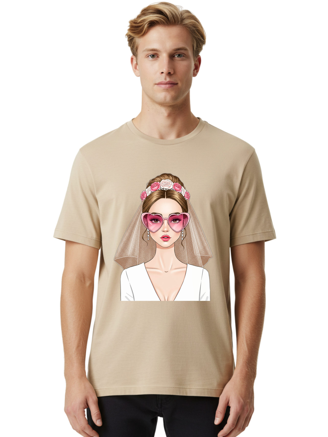 Bride-Fashion Men'S Graphic Tee, 100% Cotton, Comfortable Casual Summer Wear, Machine Washable, Bride With Veil, Heart-Shaped Sunglasses, Floral Hairpiece, White Wedding Dress, Stylish Accessories, Fashionable Wedding Attire, Chic Bridal Look, Baa223