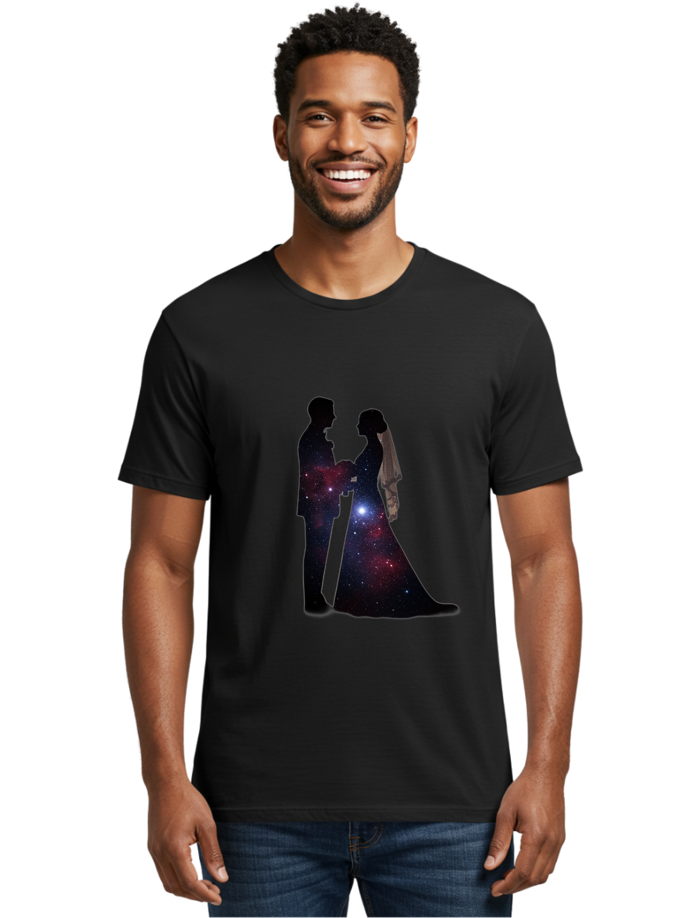 Bride-Groom-Silhouette Men'S Graphic Tee, 100% Cotton, Comfortable Casual Summer Wear, Machine Washable, Bride And Groom Silhouettes, Galaxy Inside Wedding Couple, Starry Night, Love Story, Wedding Vows, Celestial Romance, Eternity, Stars, Baa224