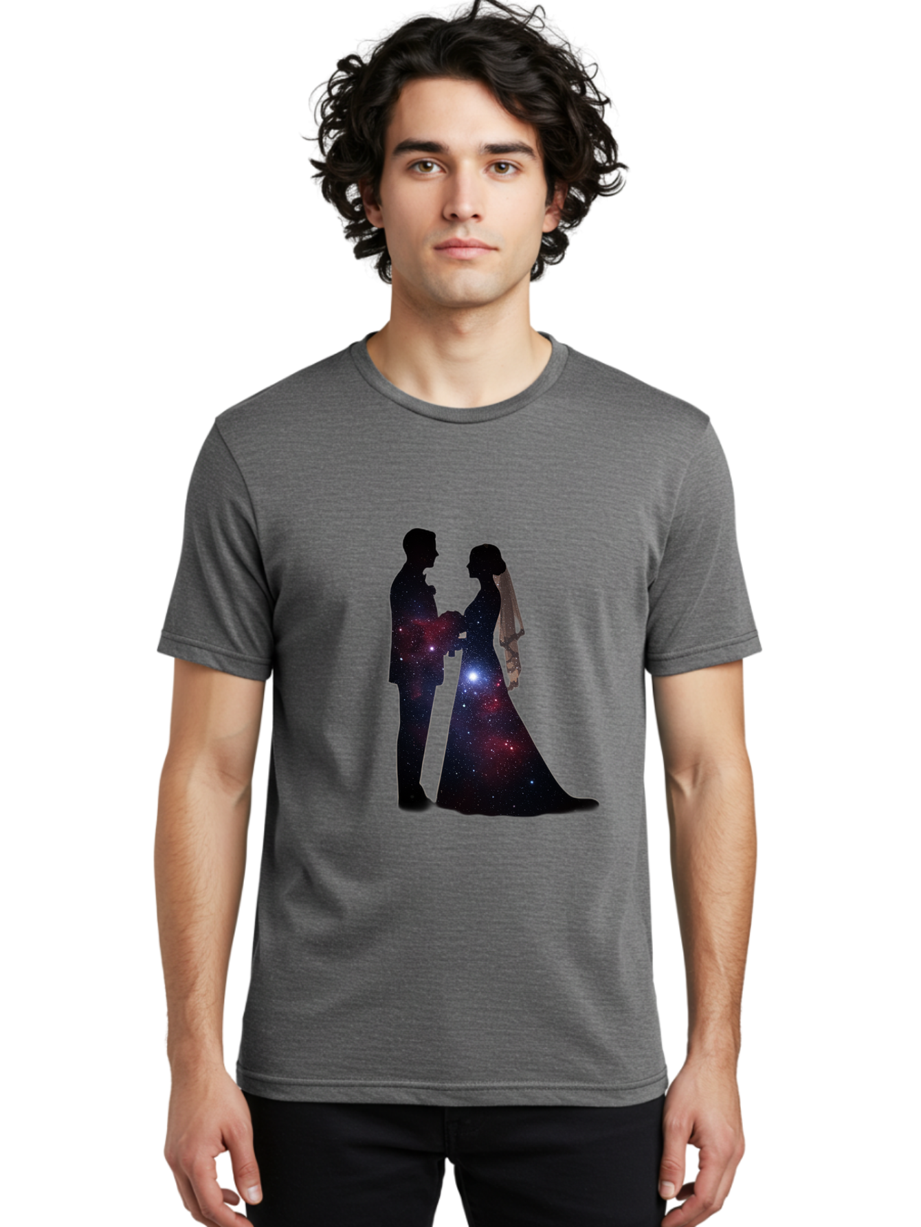 Bride-Groom-Silhouette Men'S Graphic Tee, 100% Cotton, Comfortable Casual Summer Wear, Machine Washable, Bride And Groom Silhouettes, Galaxy Inside Wedding Couple, Starry Night, Love Story, Wedding Vows, Celestial Romance, Eternity, Stars, Baa224