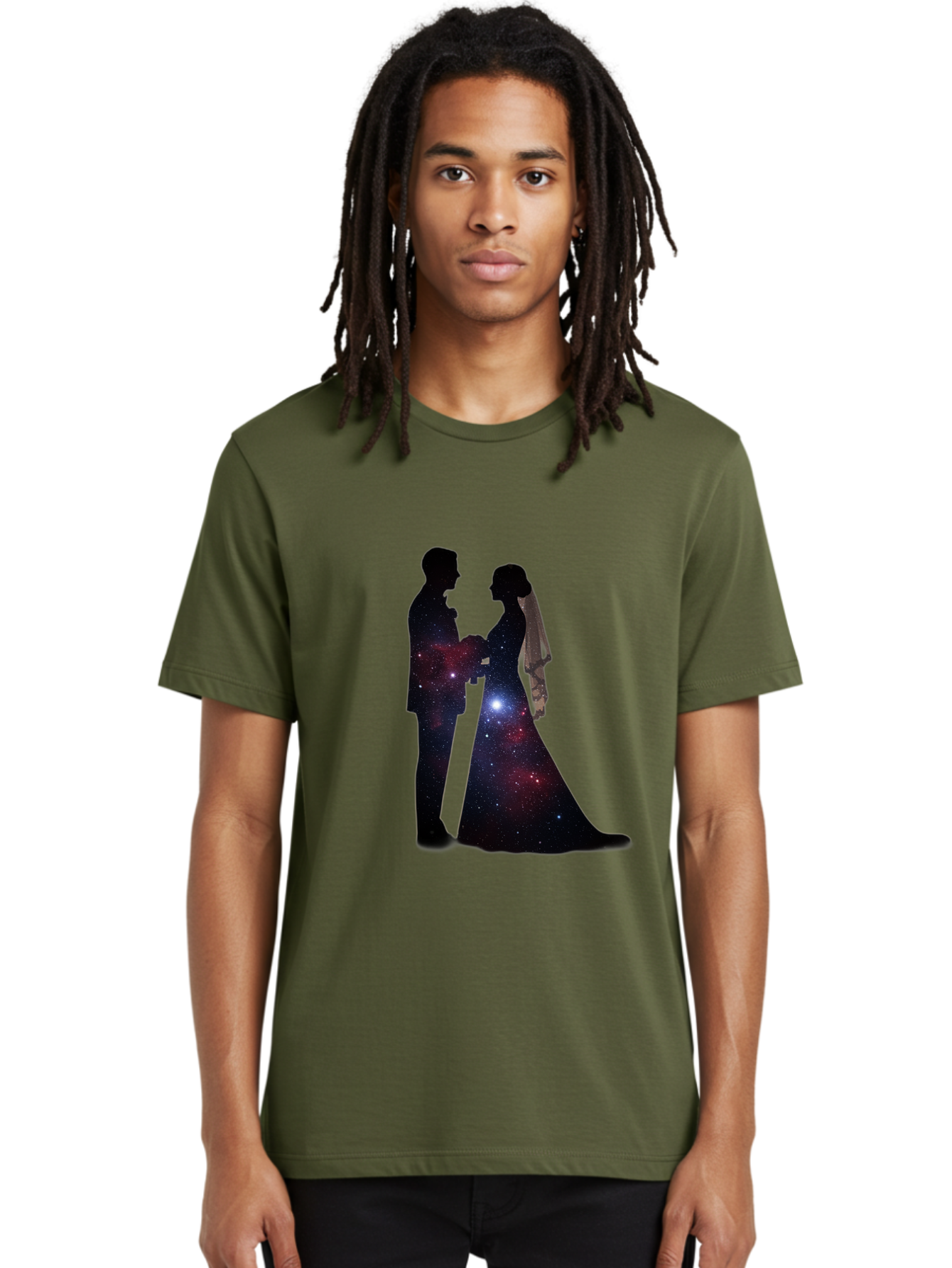Bride-Groom-Silhouette Men'S Graphic Tee, 100% Cotton, Comfortable Casual Summer Wear, Machine Washable, Bride And Groom Silhouettes, Galaxy Inside Wedding Couple, Starry Night, Love Story, Wedding Vows, Celestial Romance, Eternity, Stars, Baa224