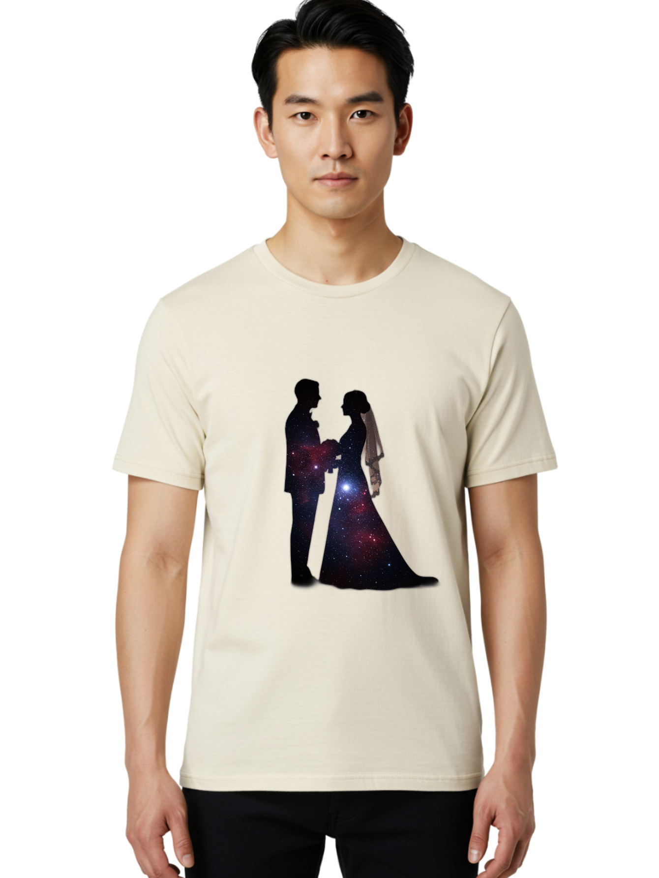 Bride-Groom-Silhouette Men'S Graphic Tee, 100% Cotton, Comfortable Casual Summer Wear, Machine Washable, Bride And Groom Silhouettes, Galaxy Inside Wedding Couple, Starry Night, Love Story, Wedding Vows, Celestial Romance, Eternity, Stars, Baa224