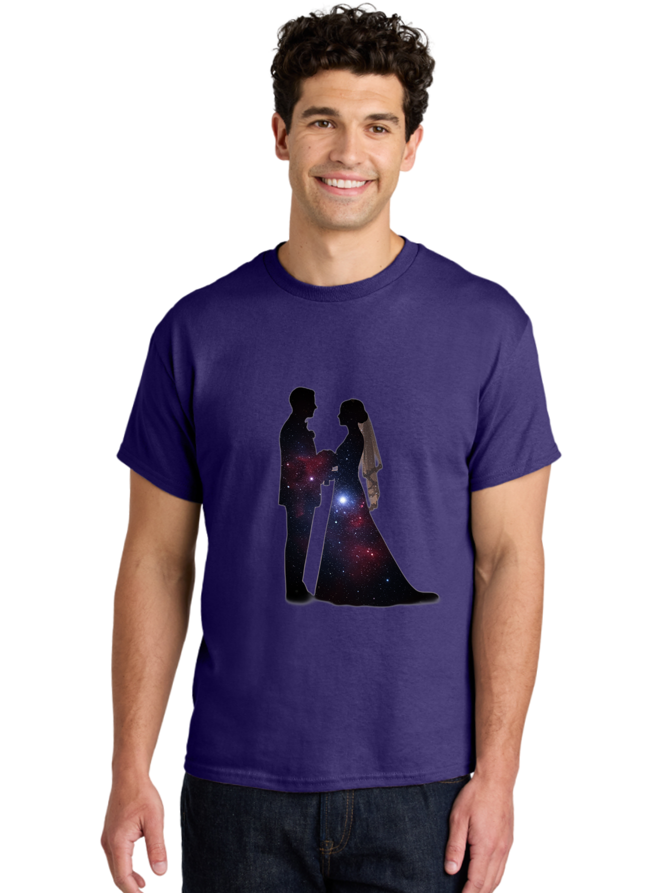 Bride-Groom-Silhouette Men'S Graphic Tee, 100% Cotton, Comfortable Casual Summer Wear, Machine Washable, Bride And Groom Silhouettes, Galaxy Inside Wedding Couple, Starry Night, Love Story, Wedding Vows, Celestial Romance, Eternity, Stars, Baa224