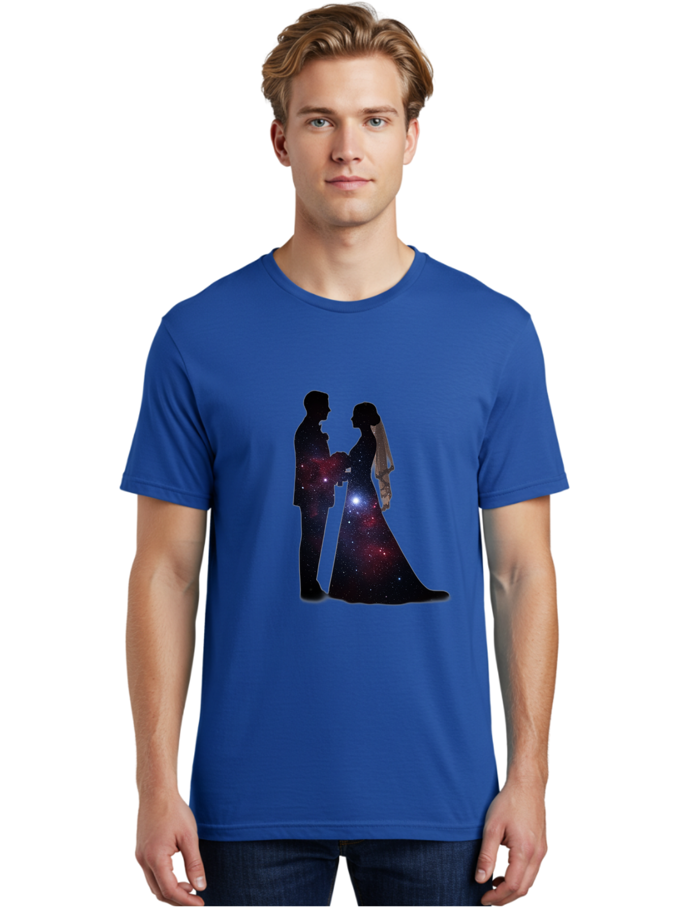 Bride-Groom-Silhouette Men'S Graphic Tee, 100% Cotton, Comfortable Casual Summer Wear, Machine Washable, Bride And Groom Silhouettes, Galaxy Inside Wedding Couple, Starry Night, Love Story, Wedding Vows, Celestial Romance, Eternity, Stars, Baa224