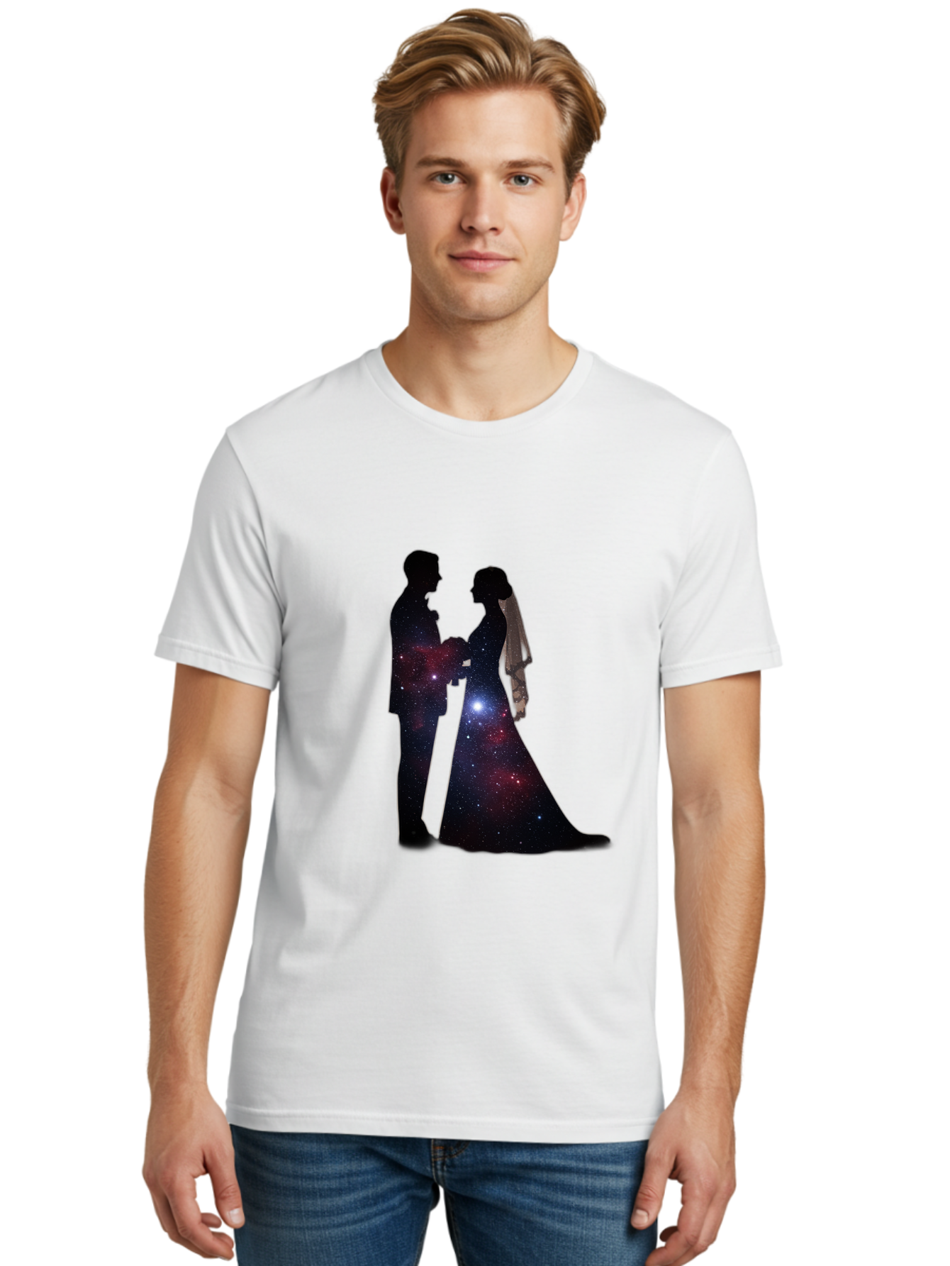 Bride-Groom-Silhouette Men'S Graphic Tee, 100% Cotton, Comfortable Casual Summer Wear, Machine Washable, Bride And Groom Silhouettes, Galaxy Inside Wedding Couple, Starry Night, Love Story, Wedding Vows, Celestial Romance, Eternity, Stars, Baa224