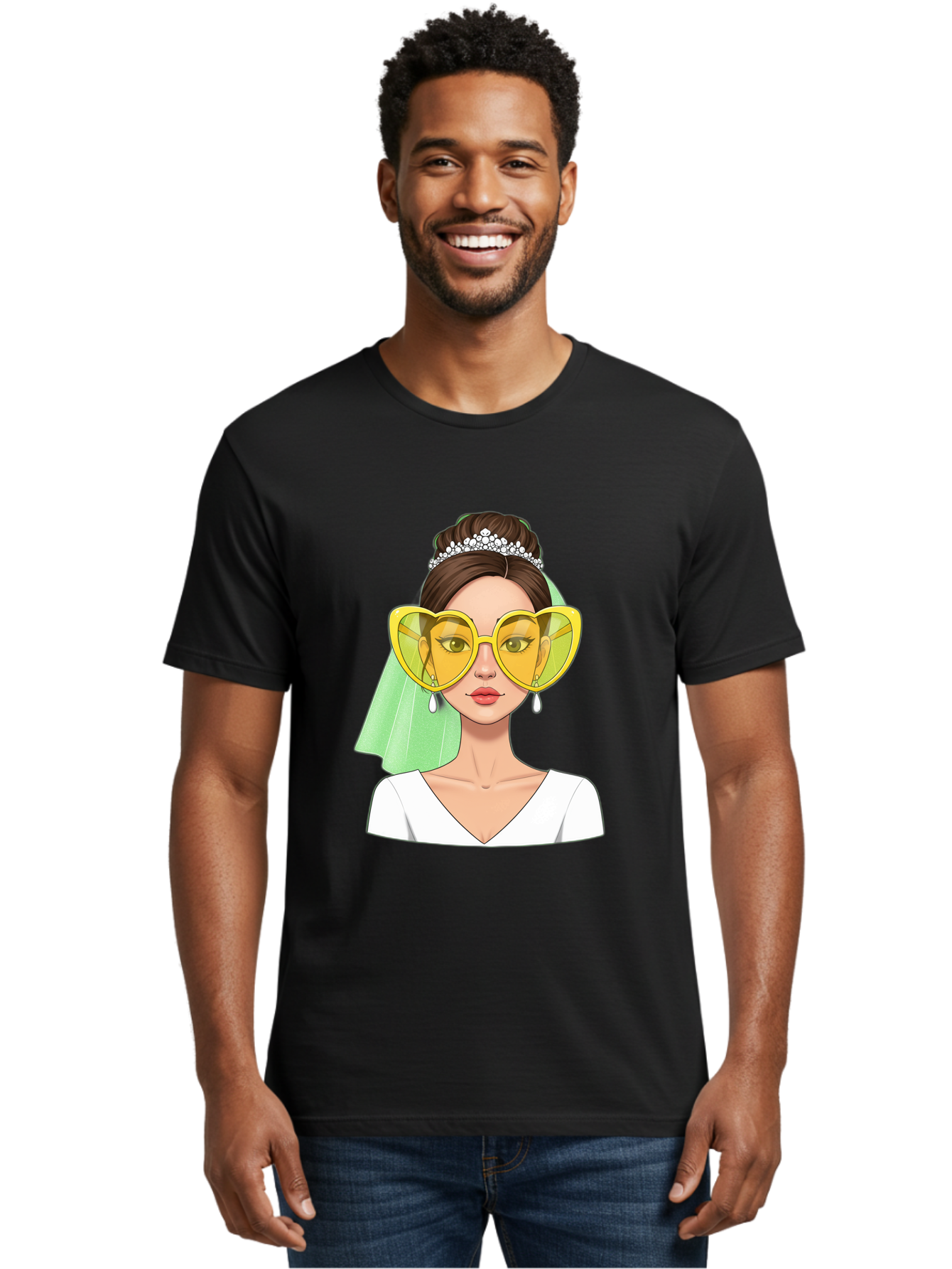 Bride-Heart-Sunglasses Men'S Graphic Tee, 100% Cotton, Comfortable Casual Summer Wear, Machine Washable, Bride With Heart-Shaped Sunglasses, Wedding Accessories, Fashionable Eyewear, Elegant Attire, Wedding Jewelry, Glamorous Look, Baa225