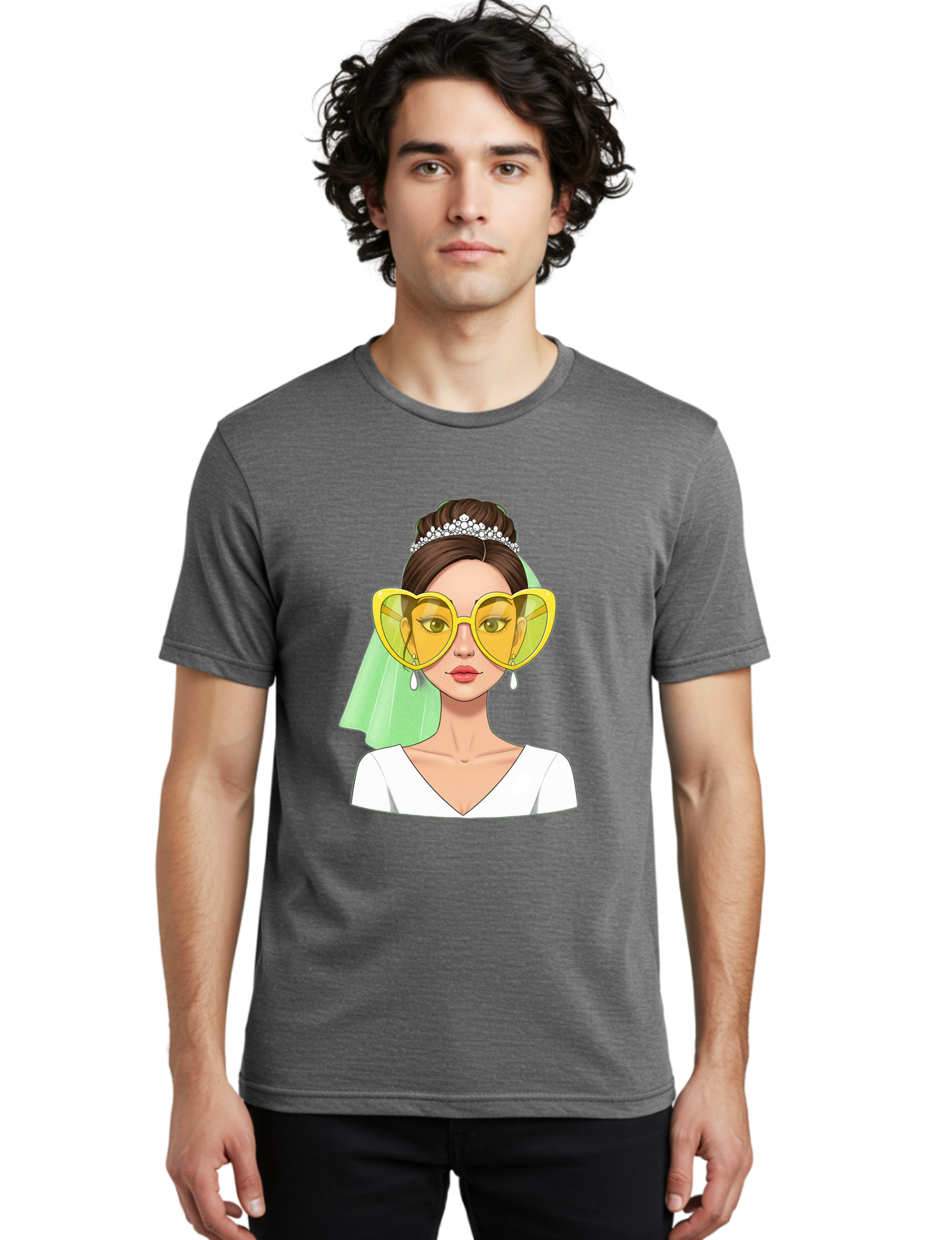 Bride-Heart-Sunglasses Men'S Graphic Tee, 100% Cotton, Comfortable Casual Summer Wear, Machine Washable, Bride With Heart-Shaped Sunglasses, Wedding Accessories, Fashionable Eyewear, Elegant Attire, Wedding Jewelry, Glamorous Look, Baa225