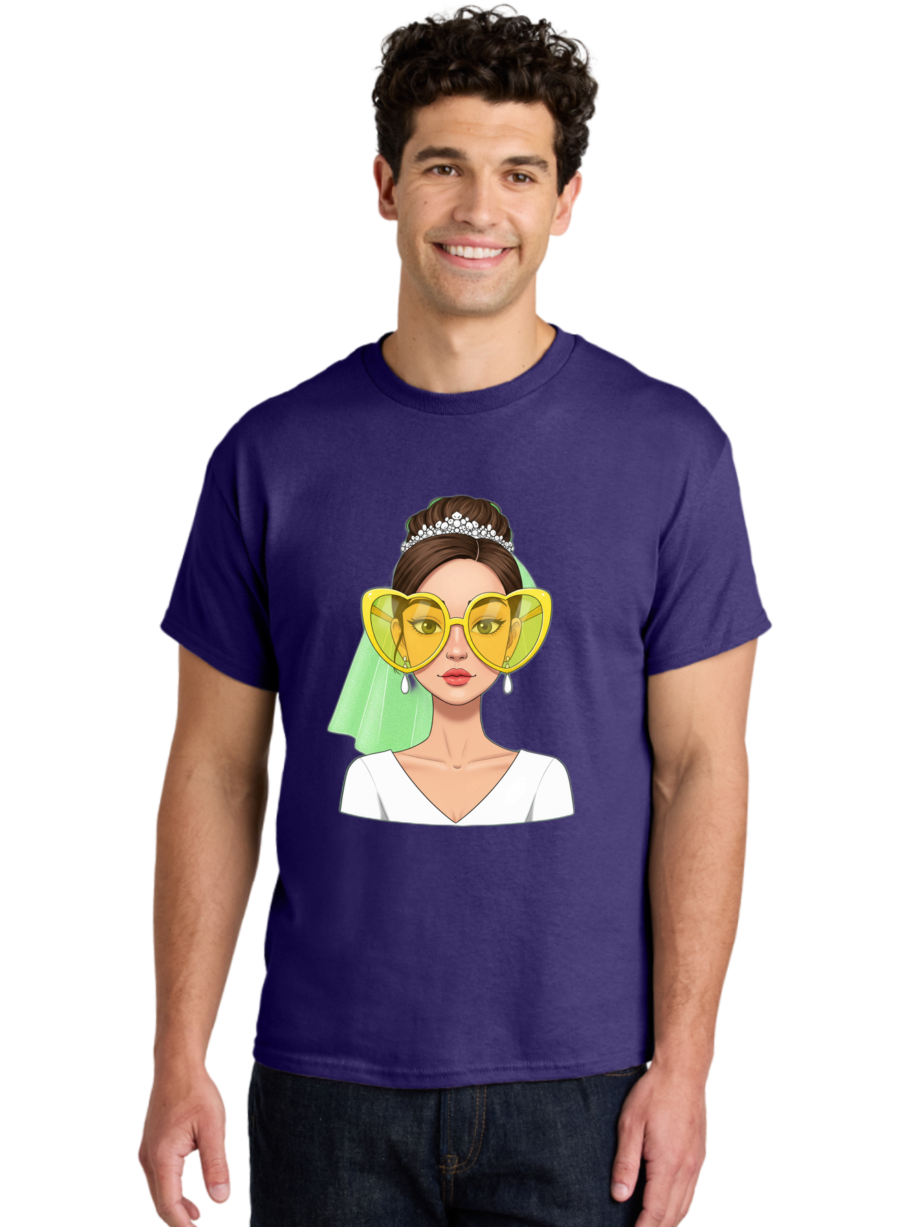 Bride-Heart-Sunglasses Men'S Graphic Tee, 100% Cotton, Comfortable Casual Summer Wear, Machine Washable, Bride With Heart-Shaped Sunglasses, Wedding Accessories, Fashionable Eyewear, Elegant Attire, Wedding Jewelry, Glamorous Look, Baa225