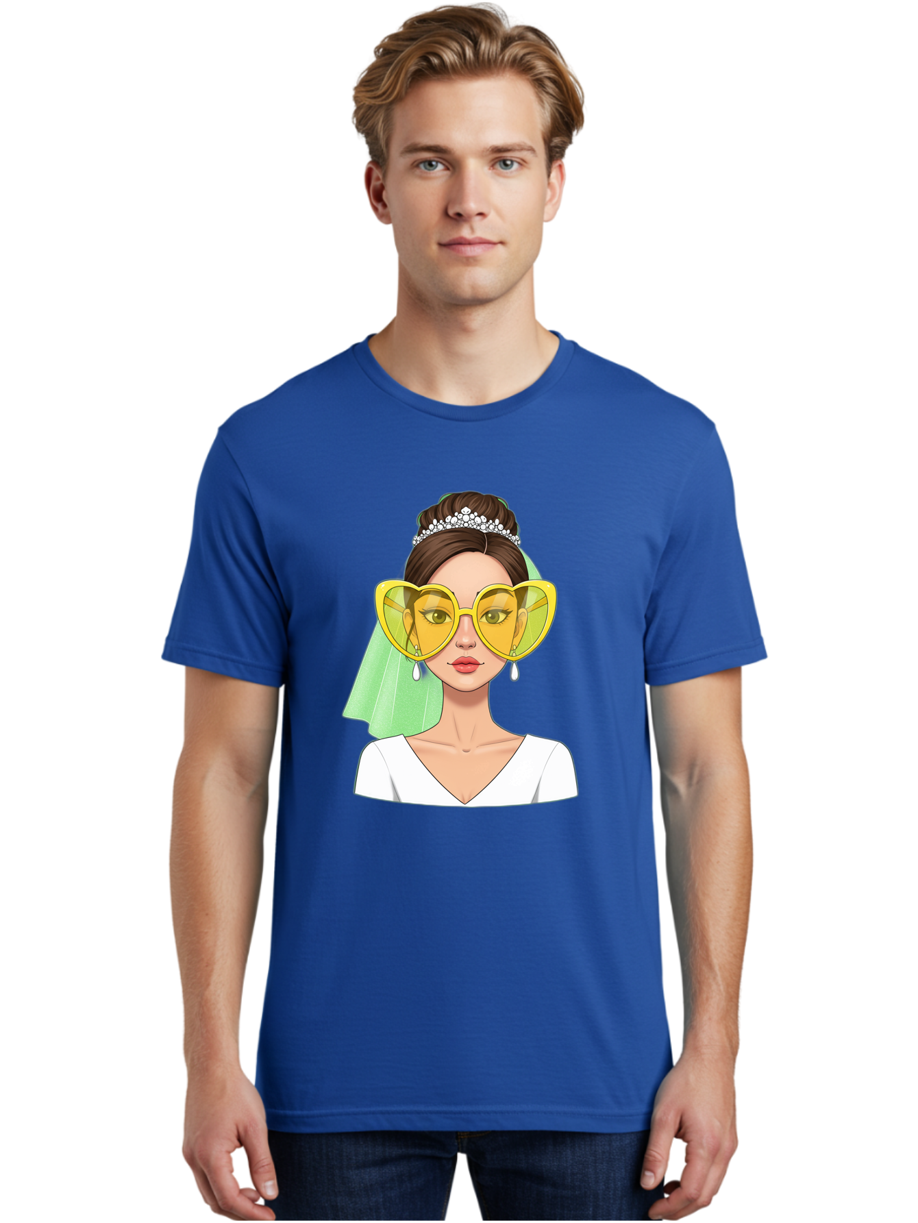 Bride-Heart-Sunglasses Men'S Graphic Tee, 100% Cotton, Comfortable Casual Summer Wear, Machine Washable, Bride With Heart-Shaped Sunglasses, Wedding Accessories, Fashionable Eyewear, Elegant Attire, Wedding Jewelry, Glamorous Look, Baa225