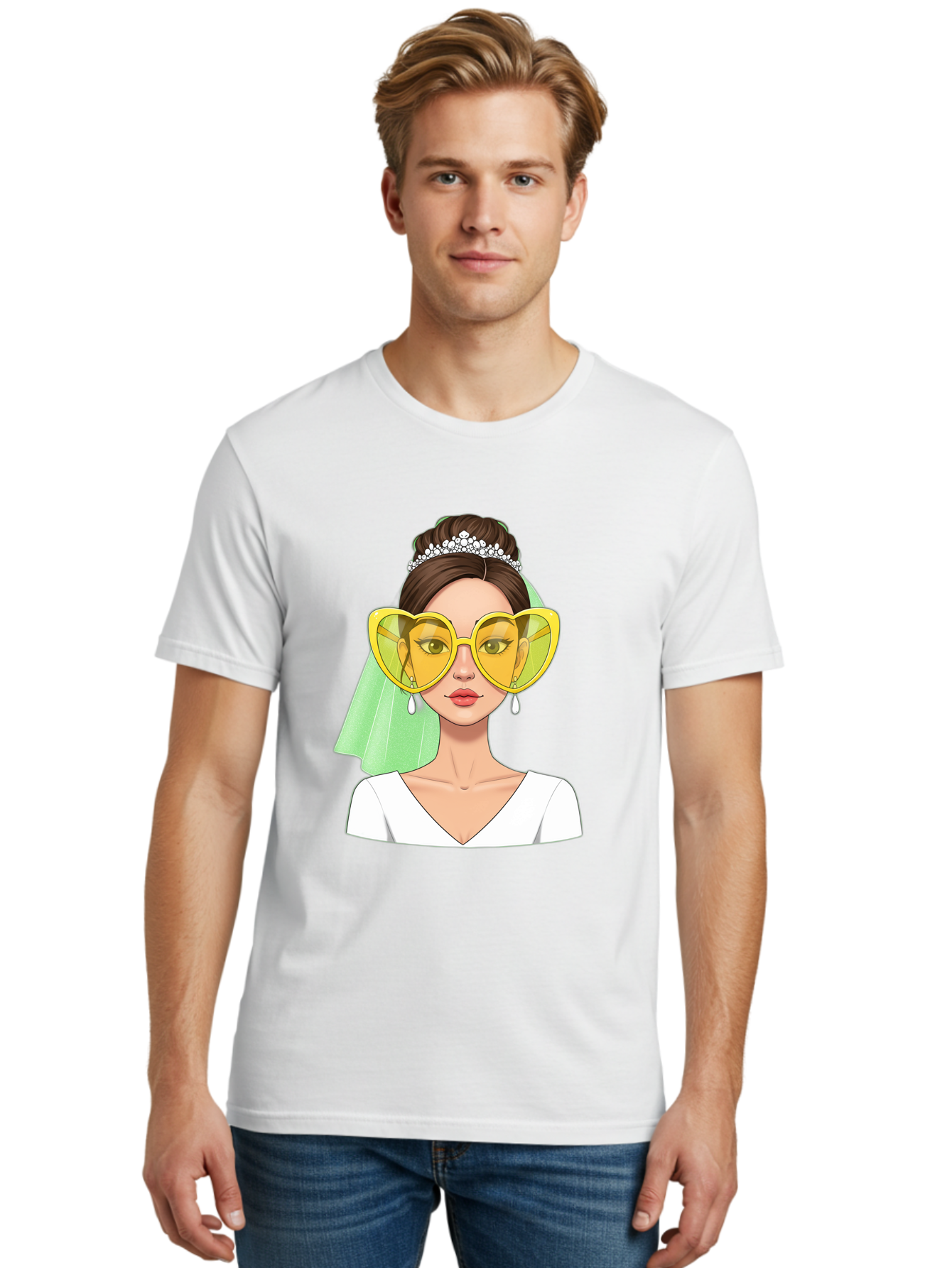 Bride-Heart-Sunglasses Men'S Graphic Tee, 100% Cotton, Comfortable Casual Summer Wear, Machine Washable, Bride With Heart-Shaped Sunglasses, Wedding Accessories, Fashionable Eyewear, Elegant Attire, Wedding Jewelry, Glamorous Look, Baa225