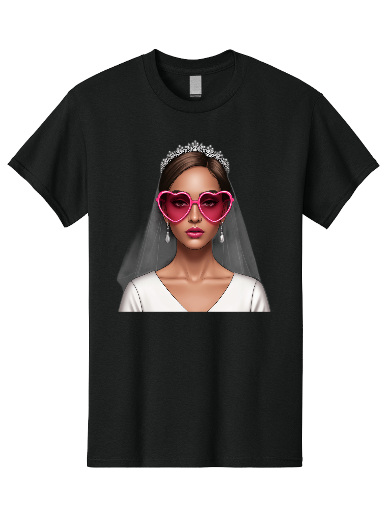 Bride-Portrait Men'S Graphic Tee, 100% Cotton, Comfortable Casual Summer Wear, Machine Washable, Bride Wearing Heart-Shaped Sunglasses, Tiara, White Dress, Wedding Veil, Dangle Earrings, Pink Lips, Fashionable Bride, Stylish Sunglasses, Baa226