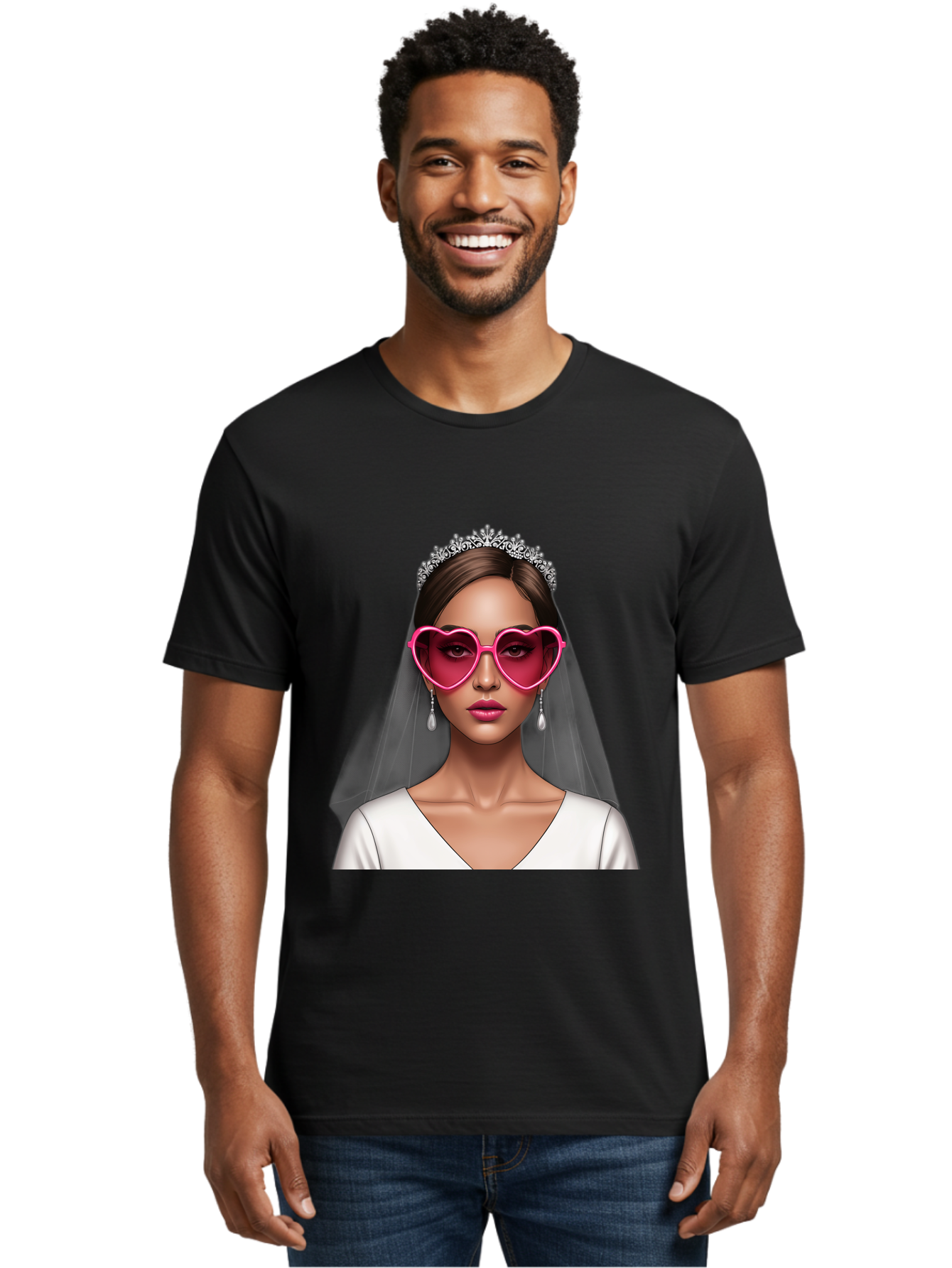 Bride-Portrait Men'S Graphic Tee, 100% Cotton, Comfortable Casual Summer Wear, Machine Washable, Bride Wearing Heart-Shaped Sunglasses, Tiara, White Dress, Wedding Veil, Dangle Earrings, Pink Lips, Fashionable Bride, Stylish Sunglasses, Baa226