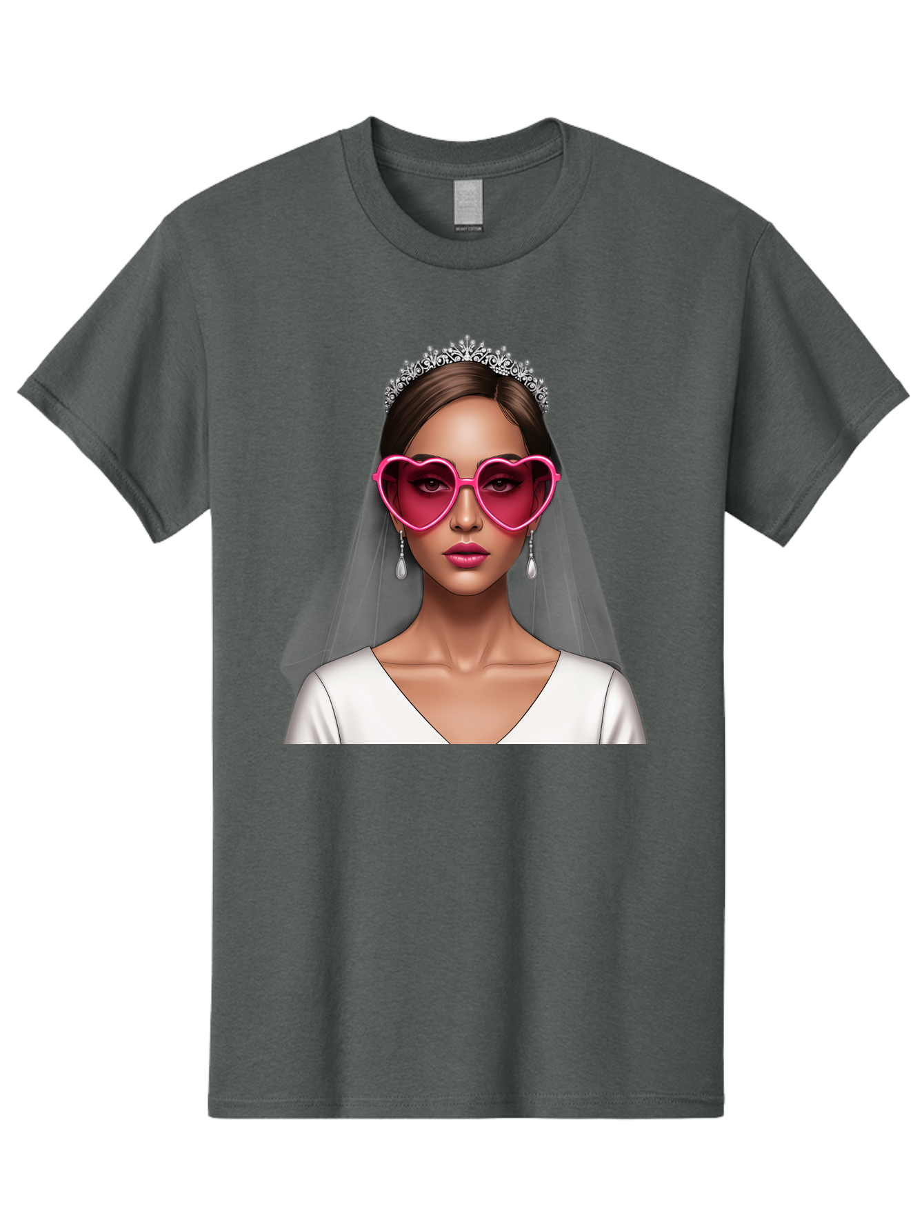 Bride-Portrait Men'S Graphic Tee, 100% Cotton, Comfortable Casual Summer Wear, Machine Washable, Bride Wearing Heart-Shaped Sunglasses, Tiara, White Dress, Wedding Veil, Dangle Earrings, Pink Lips, Fashionable Bride, Stylish Sunglasses, Baa226