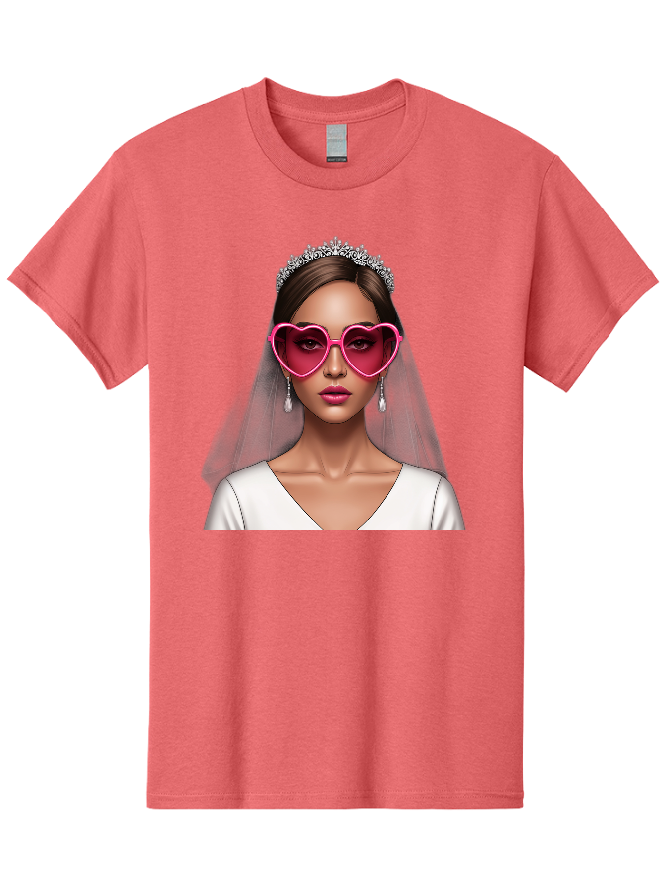 Bride-Portrait Men'S Graphic Tee, 100% Cotton, Comfortable Casual Summer Wear, Machine Washable, Bride Wearing Heart-Shaped Sunglasses, Tiara, White Dress, Wedding Veil, Dangle Earrings, Pink Lips, Fashionable Bride, Stylish Sunglasses, Baa226