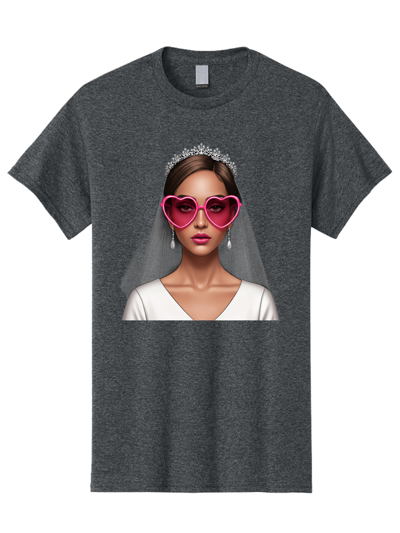 Bride-Portrait Men'S Graphic Tee, 100% Cotton, Comfortable Casual Summer Wear, Machine Washable, Bride Wearing Heart-Shaped Sunglasses, Tiara, White Dress, Wedding Veil, Dangle Earrings, Pink Lips, Fashionable Bride, Stylish Sunglasses, Baa226