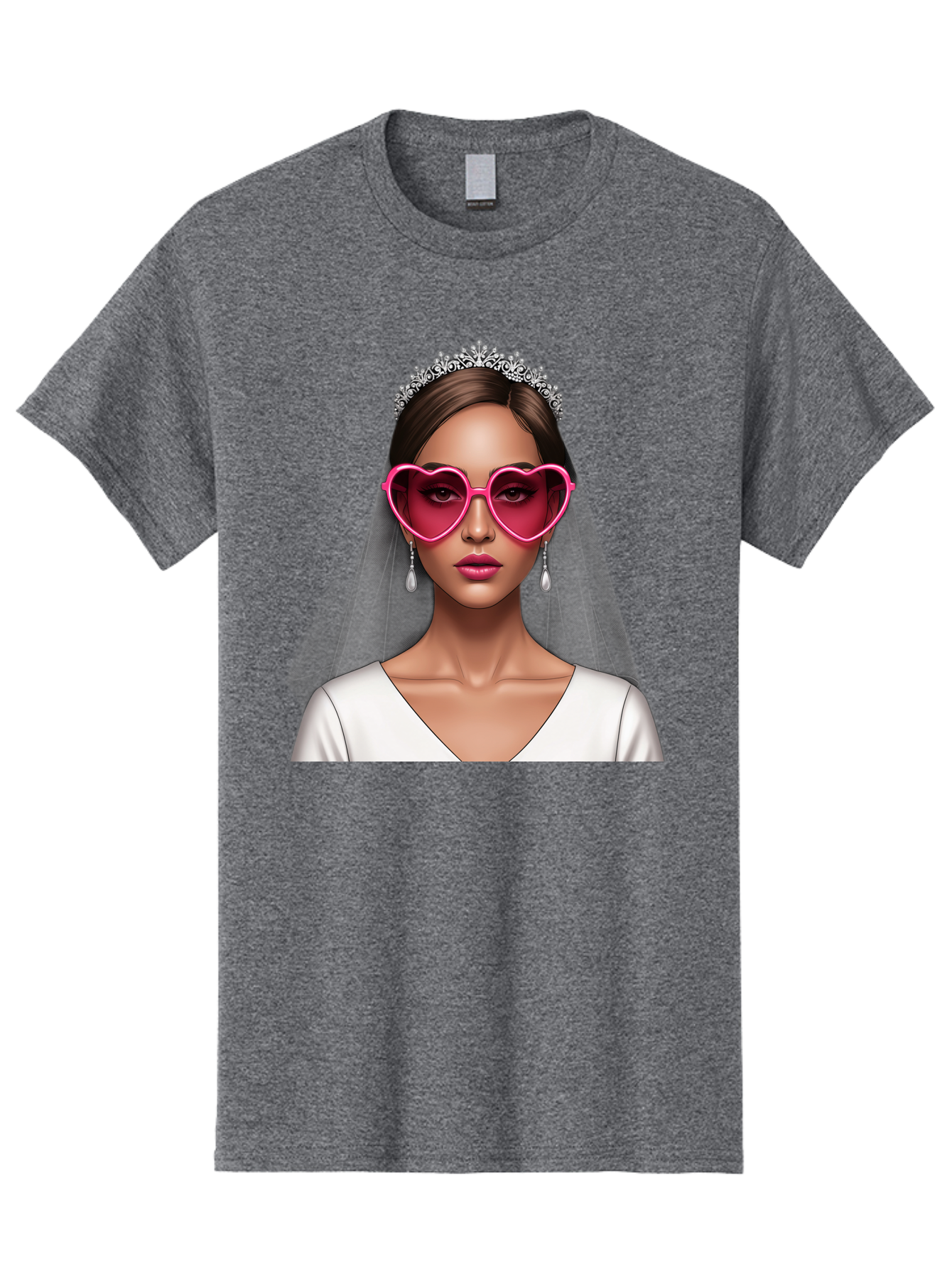 Bride-Portrait Men'S Graphic Tee, 100% Cotton, Comfortable Casual Summer Wear, Machine Washable, Bride Wearing Heart-Shaped Sunglasses, Tiara, White Dress, Wedding Veil, Dangle Earrings, Pink Lips, Fashionable Bride, Stylish Sunglasses, Baa226