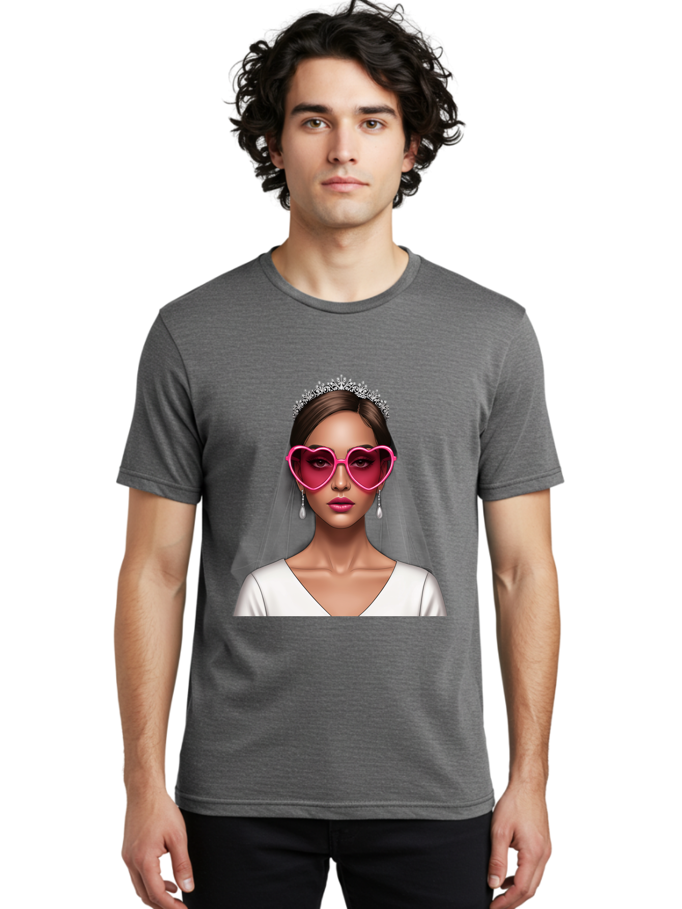 Bride-Portrait Men'S Graphic Tee, 100% Cotton, Comfortable Casual Summer Wear, Machine Washable, Bride Wearing Heart-Shaped Sunglasses, Tiara, White Dress, Wedding Veil, Dangle Earrings, Pink Lips, Fashionable Bride, Stylish Sunglasses, Baa226