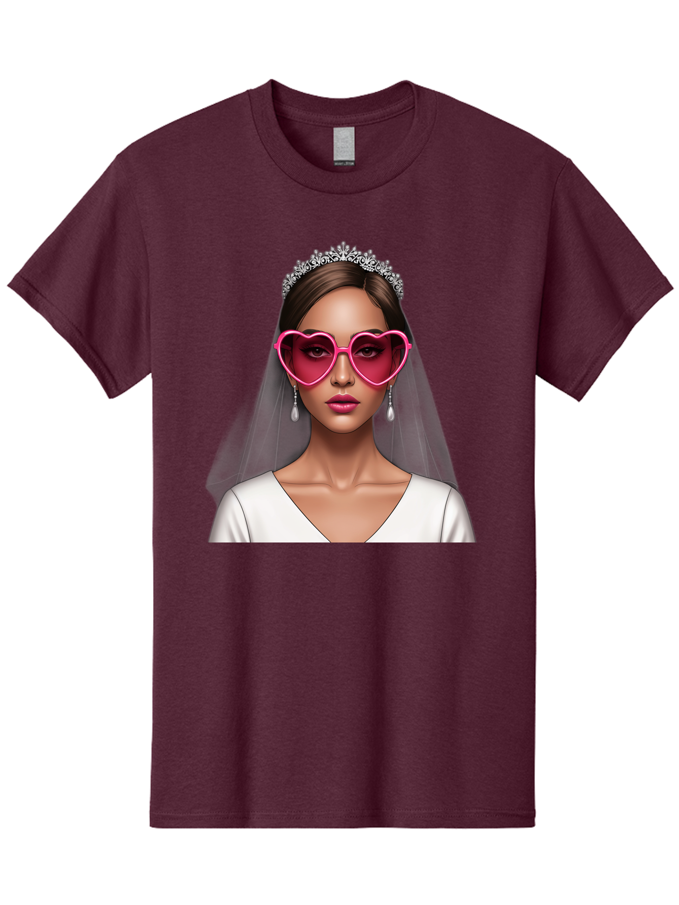 Bride-Portrait Men'S Graphic Tee, 100% Cotton, Comfortable Casual Summer Wear, Machine Washable, Bride Wearing Heart-Shaped Sunglasses, Tiara, White Dress, Wedding Veil, Dangle Earrings, Pink Lips, Fashionable Bride, Stylish Sunglasses, Baa226