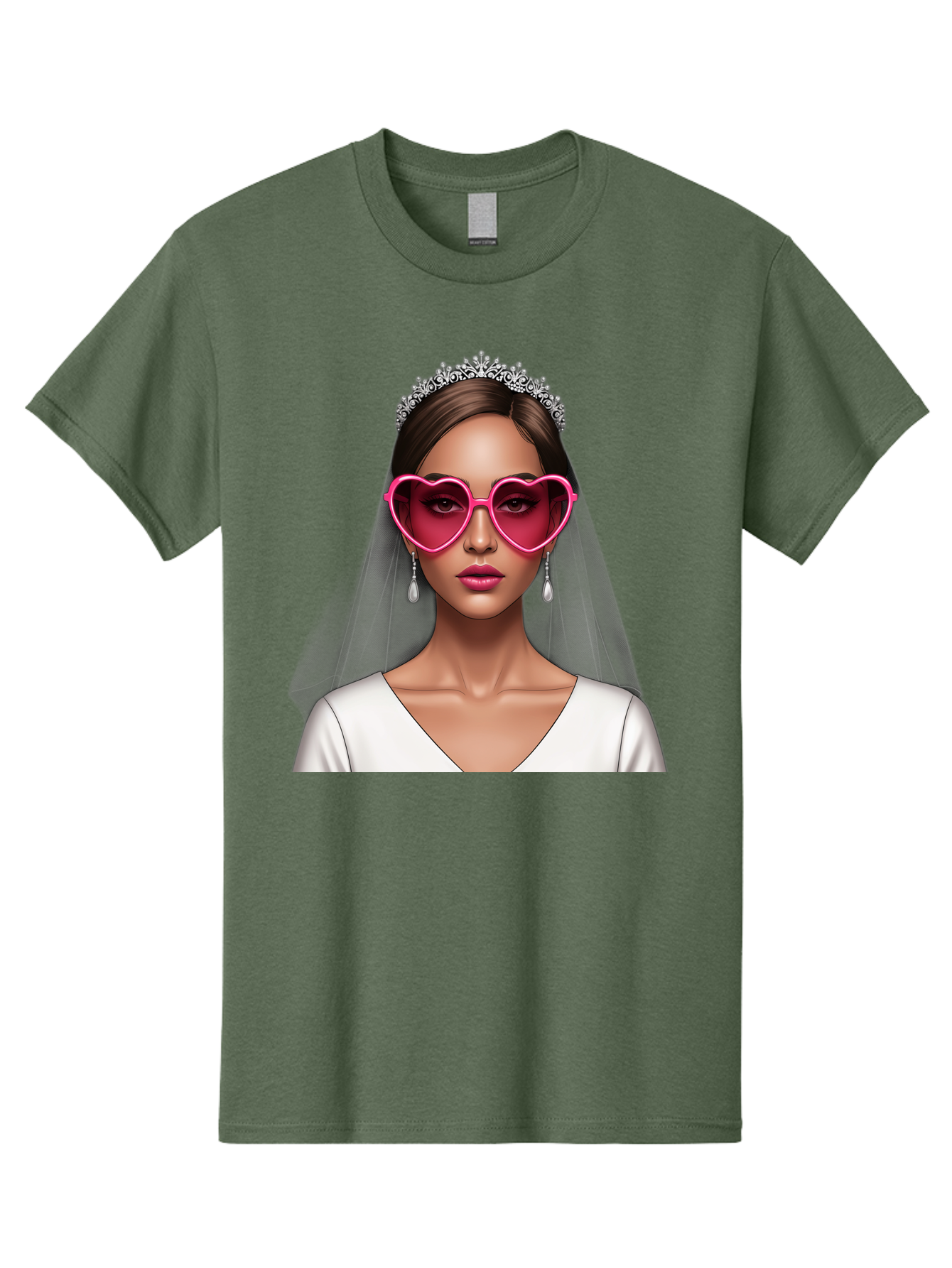 Bride-Portrait Men'S Graphic Tee, 100% Cotton, Comfortable Casual Summer Wear, Machine Washable, Bride Wearing Heart-Shaped Sunglasses, Tiara, White Dress, Wedding Veil, Dangle Earrings, Pink Lips, Fashionable Bride, Stylish Sunglasses, Baa226
