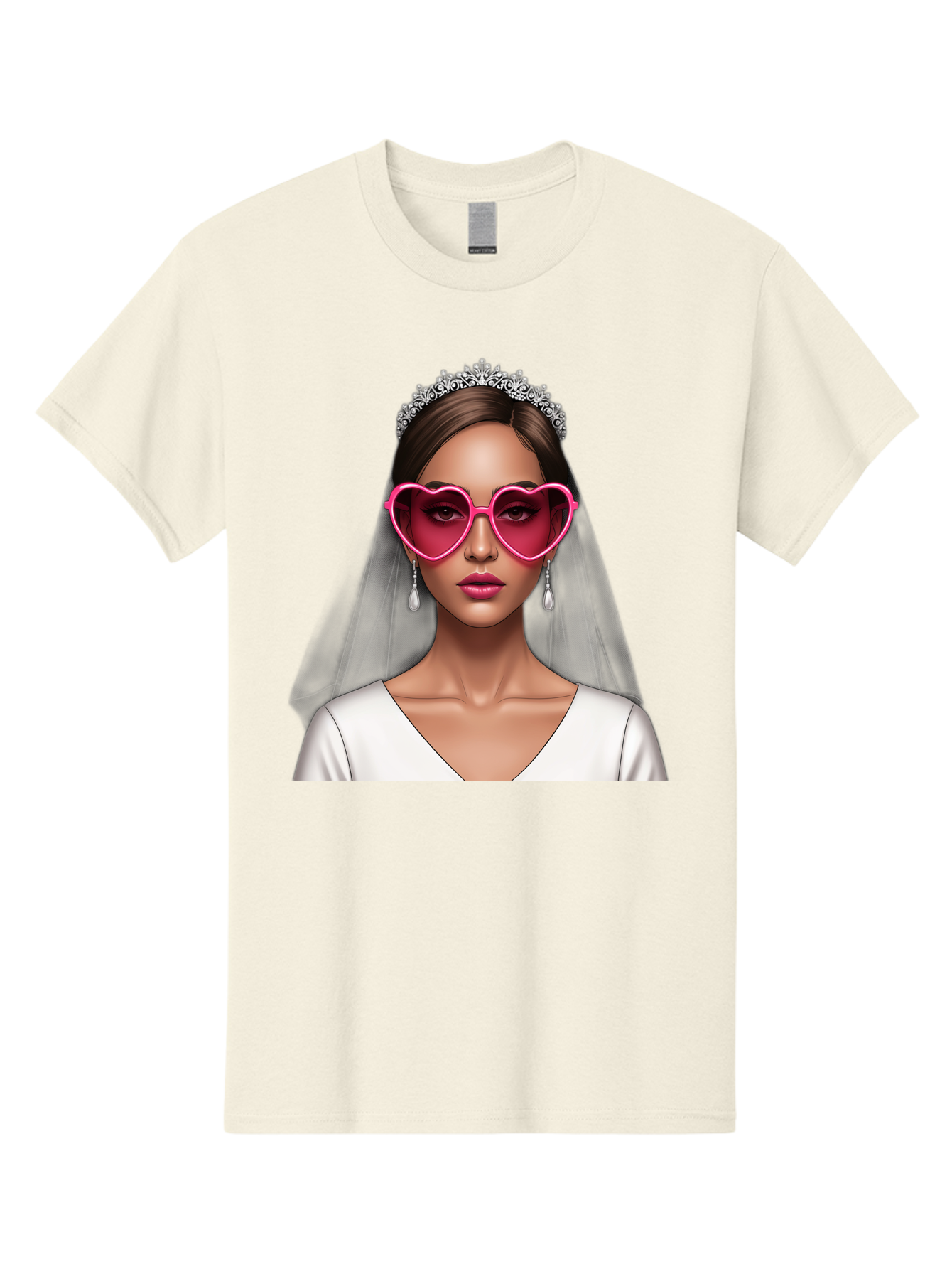 Bride-Portrait Men'S Graphic Tee, 100% Cotton, Comfortable Casual Summer Wear, Machine Washable, Bride Wearing Heart-Shaped Sunglasses, Tiara, White Dress, Wedding Veil, Dangle Earrings, Pink Lips, Fashionable Bride, Stylish Sunglasses, Baa226