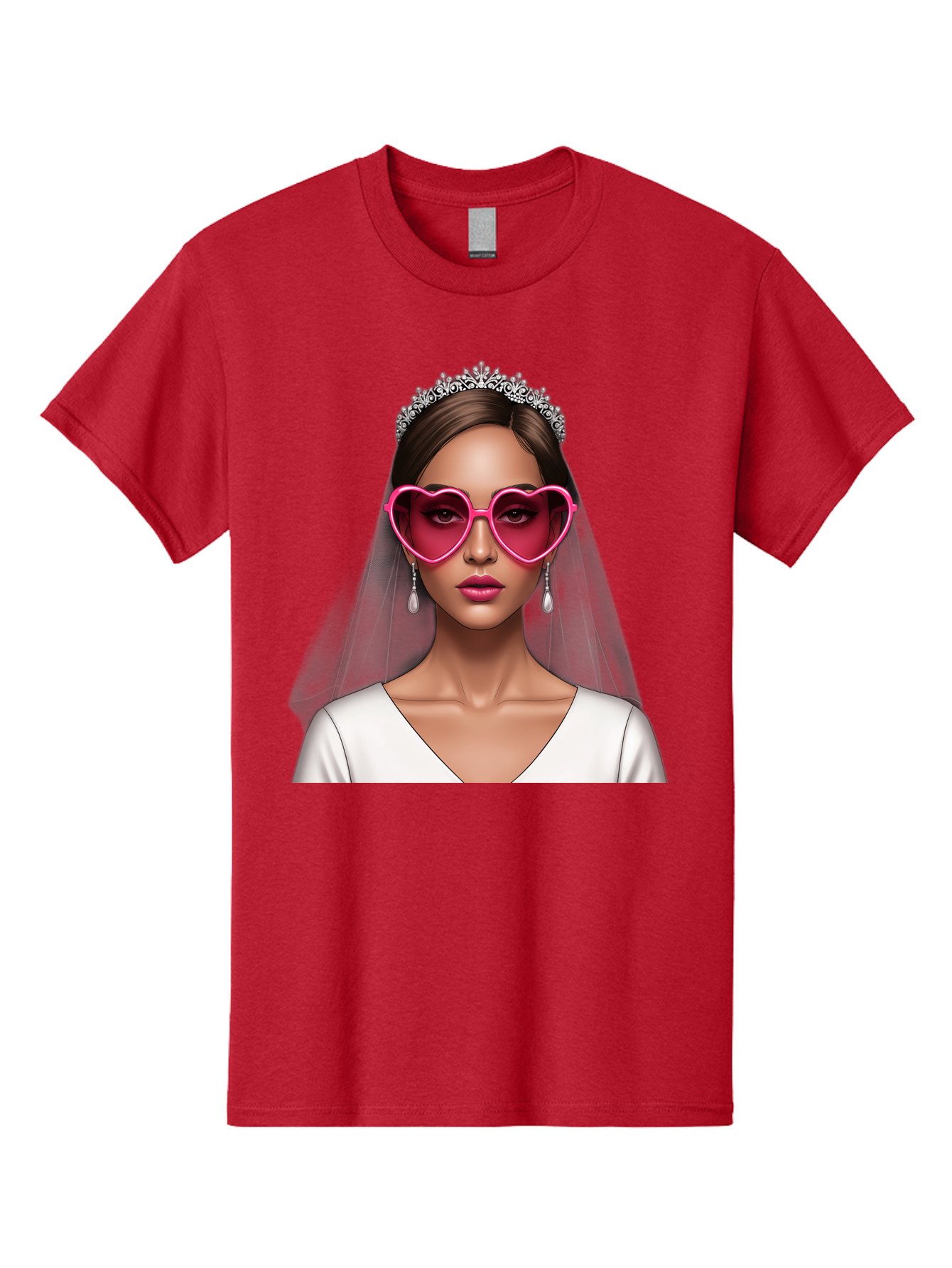 Bride-Portrait Men'S Graphic Tee, 100% Cotton, Comfortable Casual Summer Wear, Machine Washable, Bride Wearing Heart-Shaped Sunglasses, Tiara, White Dress, Wedding Veil, Dangle Earrings, Pink Lips, Fashionable Bride, Stylish Sunglasses, Baa226
