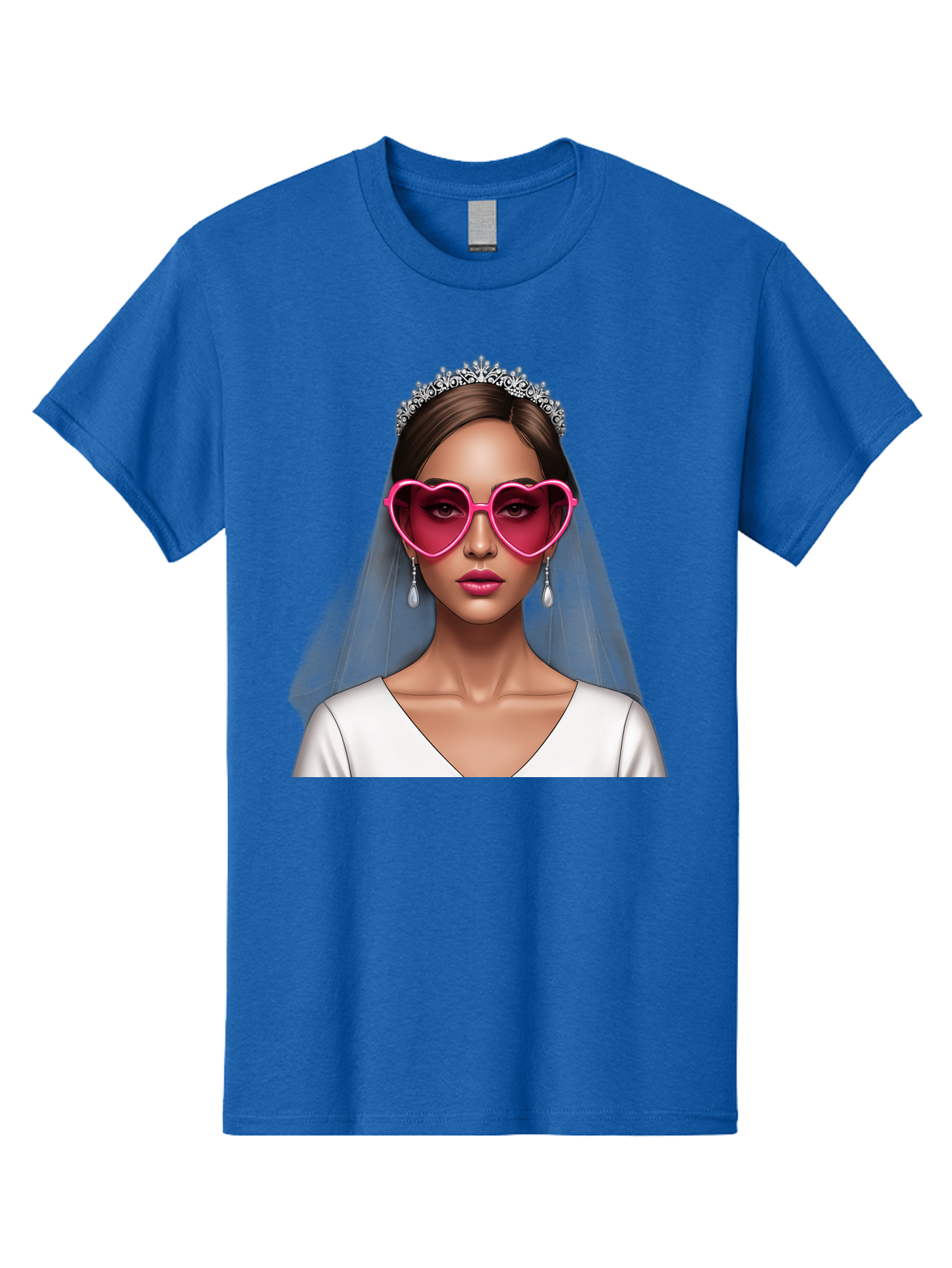 Bride-Portrait Men'S Graphic Tee, 100% Cotton, Comfortable Casual Summer Wear, Machine Washable, Bride Wearing Heart-Shaped Sunglasses, Tiara, White Dress, Wedding Veil, Dangle Earrings, Pink Lips, Fashionable Bride, Stylish Sunglasses, Baa226