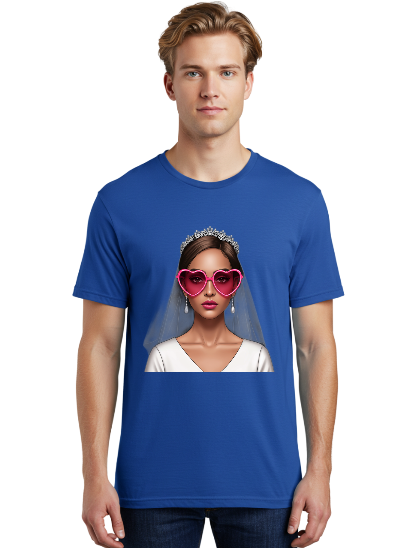 Bride-Portrait Men'S Graphic Tee, 100% Cotton, Comfortable Casual Summer Wear, Machine Washable, Bride Wearing Heart-Shaped Sunglasses, Tiara, White Dress, Wedding Veil, Dangle Earrings, Pink Lips, Fashionable Bride, Stylish Sunglasses, Baa226