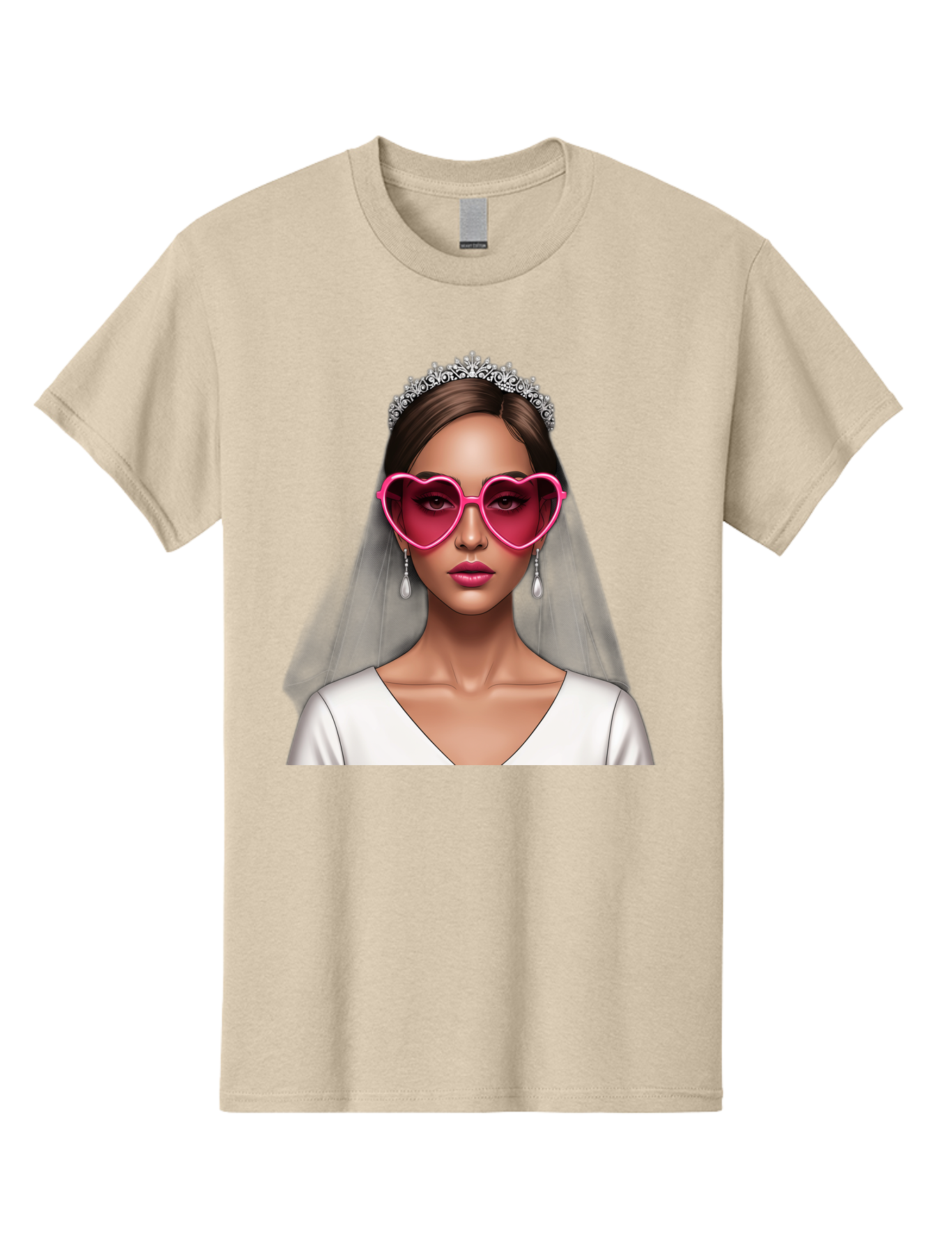 Bride-Portrait Men'S Graphic Tee, 100% Cotton, Comfortable Casual Summer Wear, Machine Washable, Bride Wearing Heart-Shaped Sunglasses, Tiara, White Dress, Wedding Veil, Dangle Earrings, Pink Lips, Fashionable Bride, Stylish Sunglasses, Baa226
