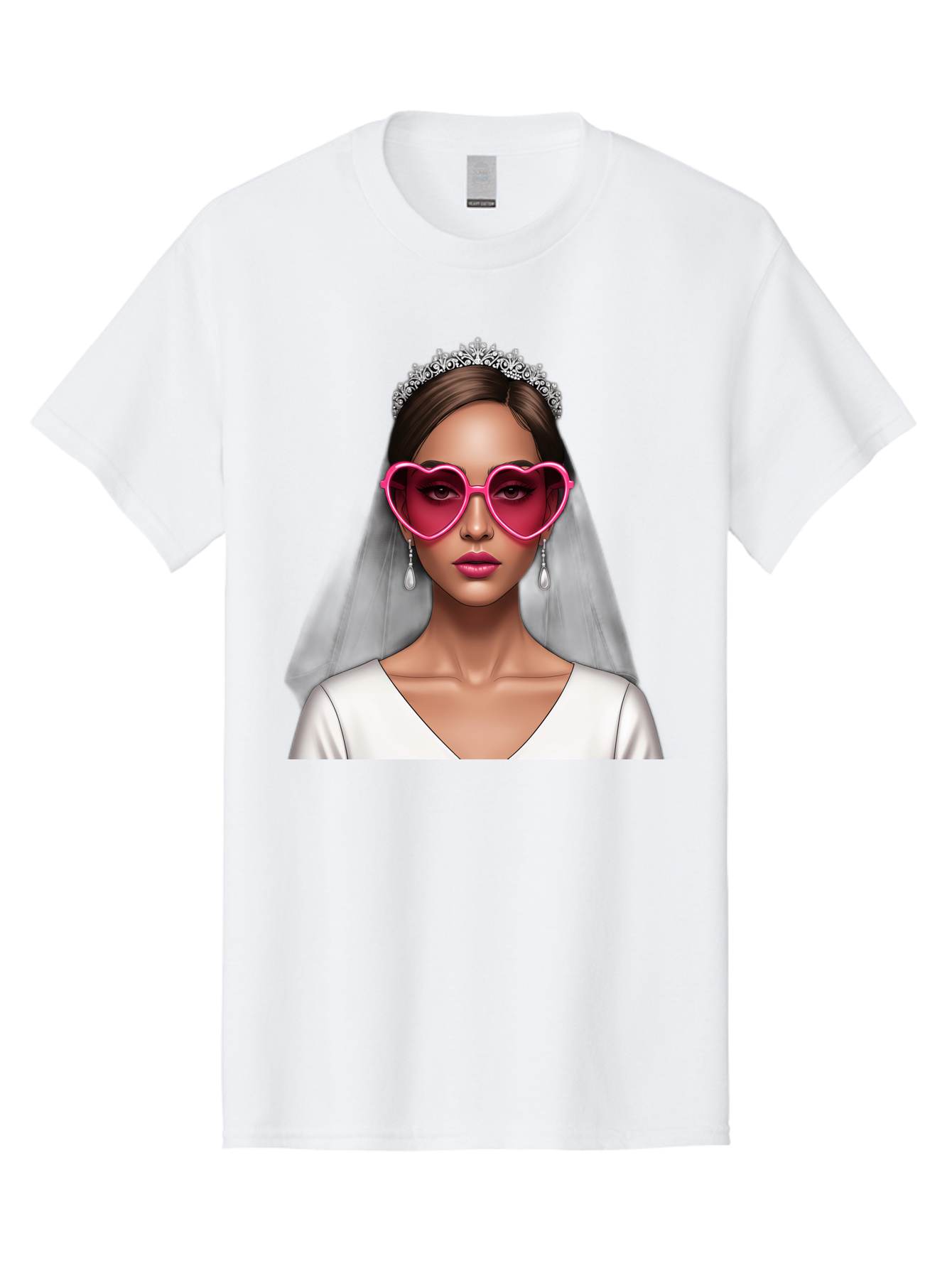 Bride-Portrait Men'S Graphic Tee, 100% Cotton, Comfortable Casual Summer Wear, Machine Washable, Bride Wearing Heart-Shaped Sunglasses, Tiara, White Dress, Wedding Veil, Dangle Earrings, Pink Lips, Fashionable Bride, Stylish Sunglasses, Baa226